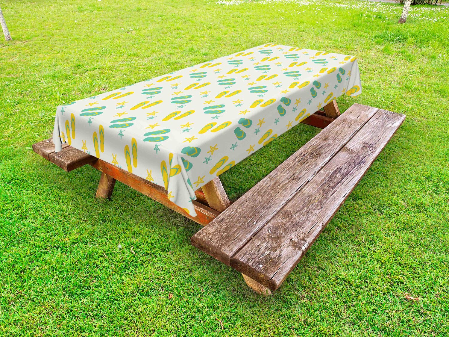 Ambesonne Geometric Outdoor Tablecloth - Flip Flops & Starfish Beach Design, Waterproof Washable Picnic Table Cover 58x120 Inches, Seafoam Yellow & White - Perfect for Pool Parties, Beach Picnics, and Outdoor Dining