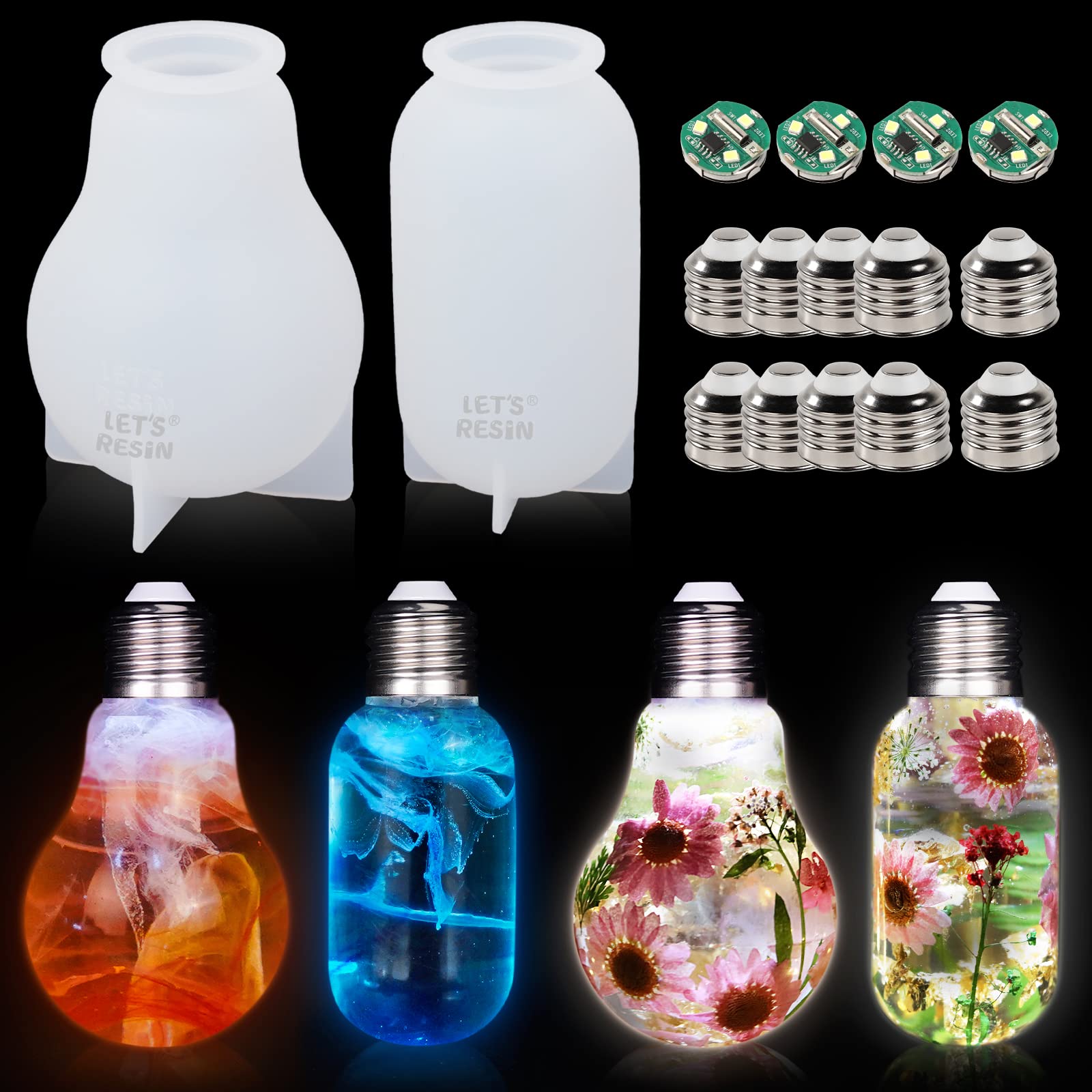 LET'S RESIN 2PCS Large LED Light Bulb Silicone Molds for DIY Resin Crafting - Includes 10PCS Caps & 4PCS LED Chip Bases - Perfect for Home Decor, Unique Gifts & Creative Lighting Projects