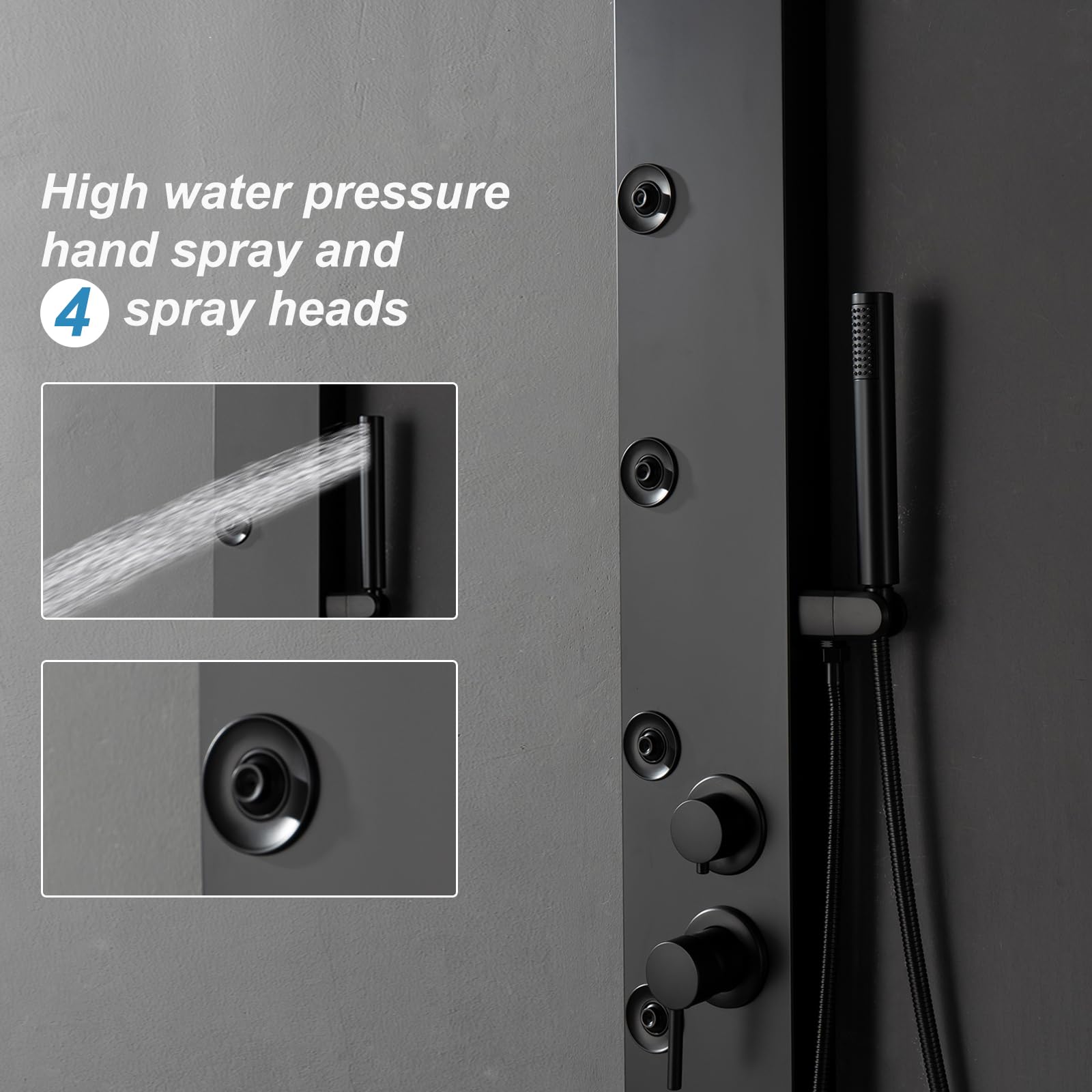 BWE 4-in-1 Stainless Steel Shower Panel Tower System with Rainfall Shower Head, Handheld Massage Spray, Body Jets & Storage Shelf - Multi-Function Bathroom Upgrade for Spa-Like Experience