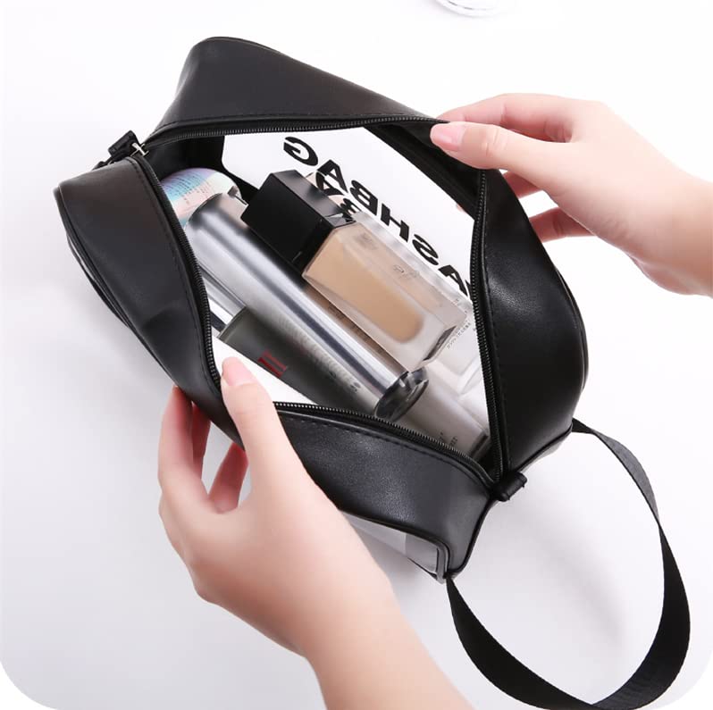 Luxula Clear PVC Zipper Cosmetic Travel Bag with Hook - Waterproof Makeup Pouch & Toiletry Organizer for Women & Kids - Portable Wash Case for Bathroom, Gym, Camping (Medium, Black)