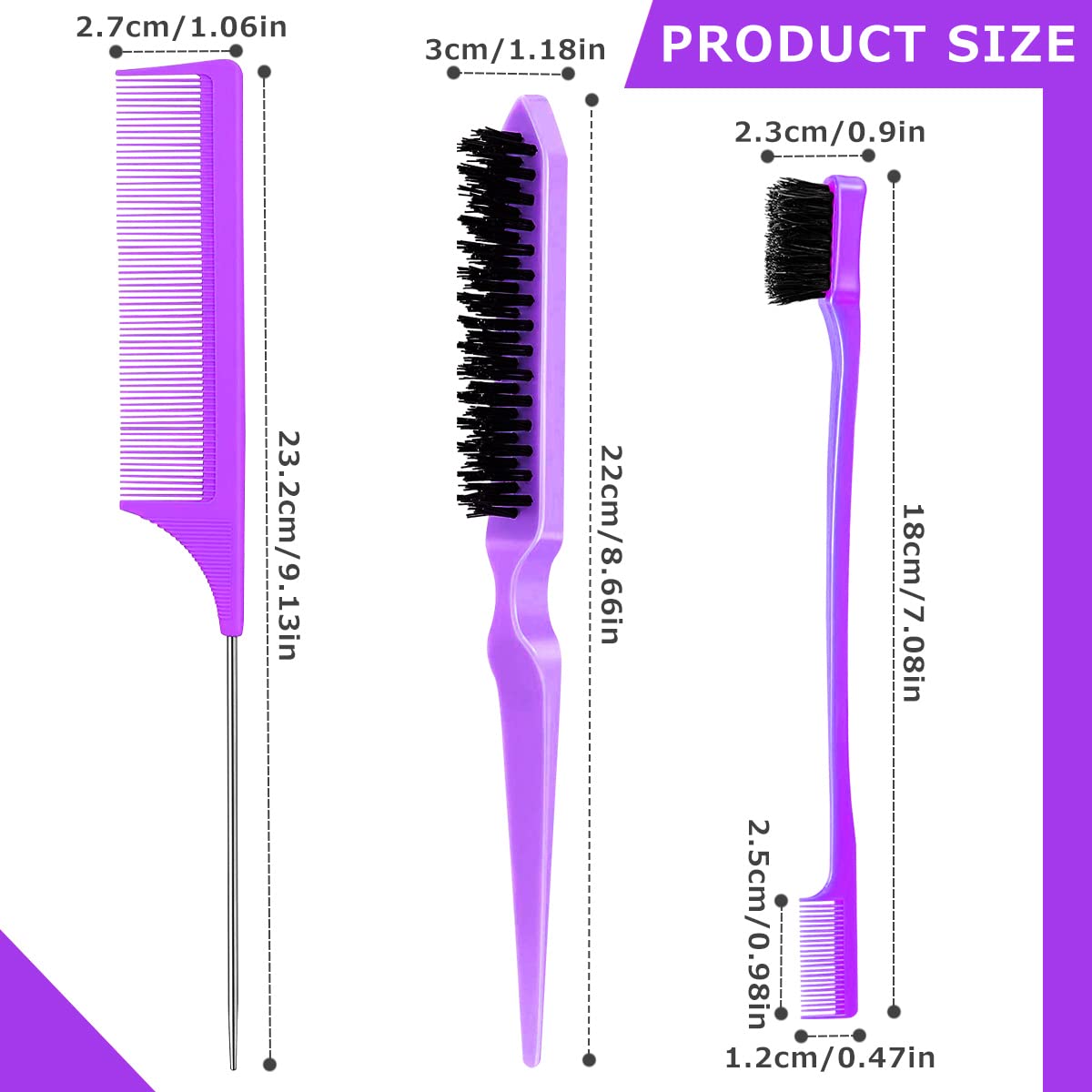 6-Piece Professional Hair Teasing Brush Set - Dual Edge Brush, Comb Bristle Brush, Hairline Brush & Rat Tail Comb with Stainless Steel Tail - Soft Glossy Hair Styling Tools for Women & Kids - Perfect for Salon, Home & Travel Use (Pink & Purple)