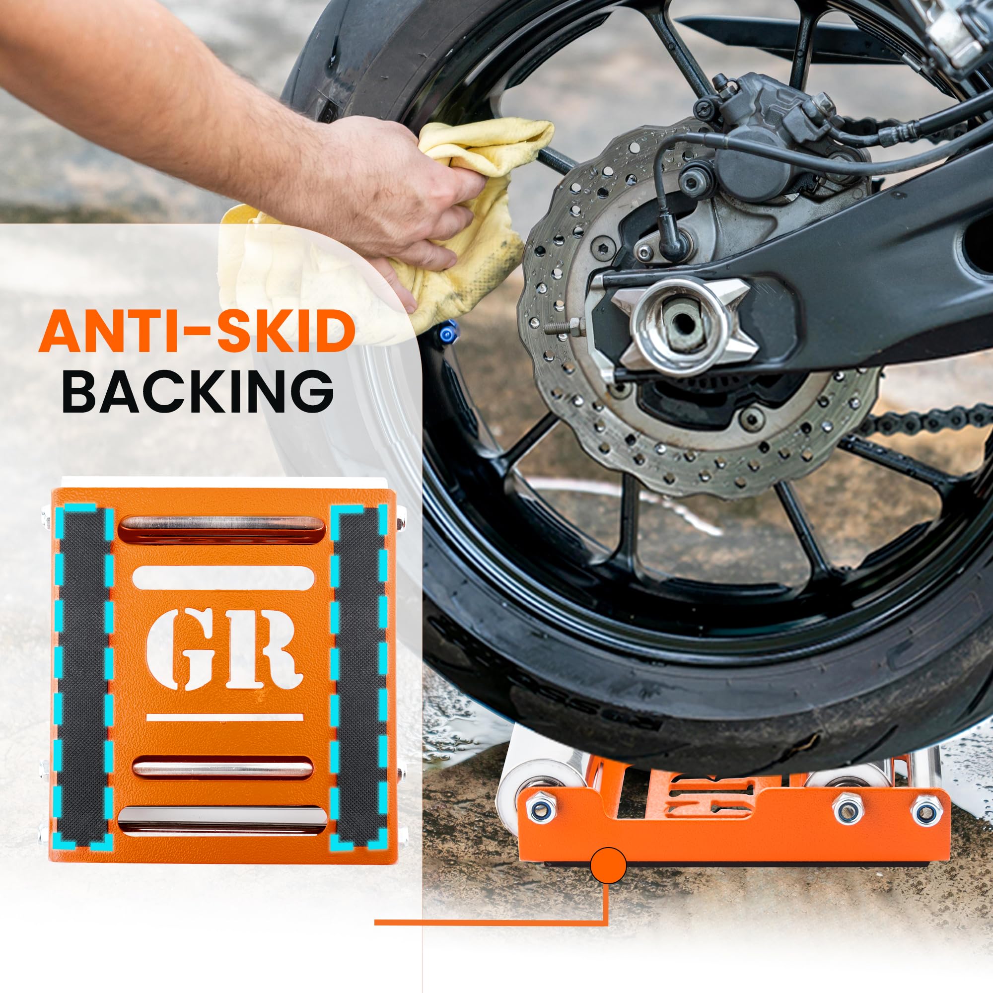 Grand Pitstop Motorcycle Wheel Cleaning Stand - Heavy Duty Paddock Stand Replacement for Tire Maintenance & Chain Lubrication - GRoller Medium (Supports Bikes Under 485 lb & Tire Width Below 180mm) - Perfect for Garage Workshops, DIY Bike Care & Professional Mechanic Use
