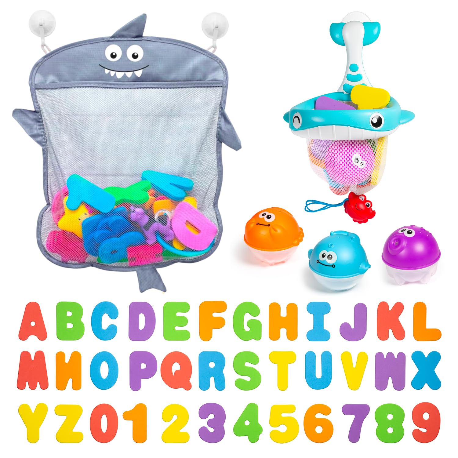 Comfylife Baby Bath Toy Organizer with Foam Numbers, Letters & Squirty Toys - Waterproof Shower Storage Net for Bathtub - Perfect for Toddler Bath Time Fun & Bathroom Organization