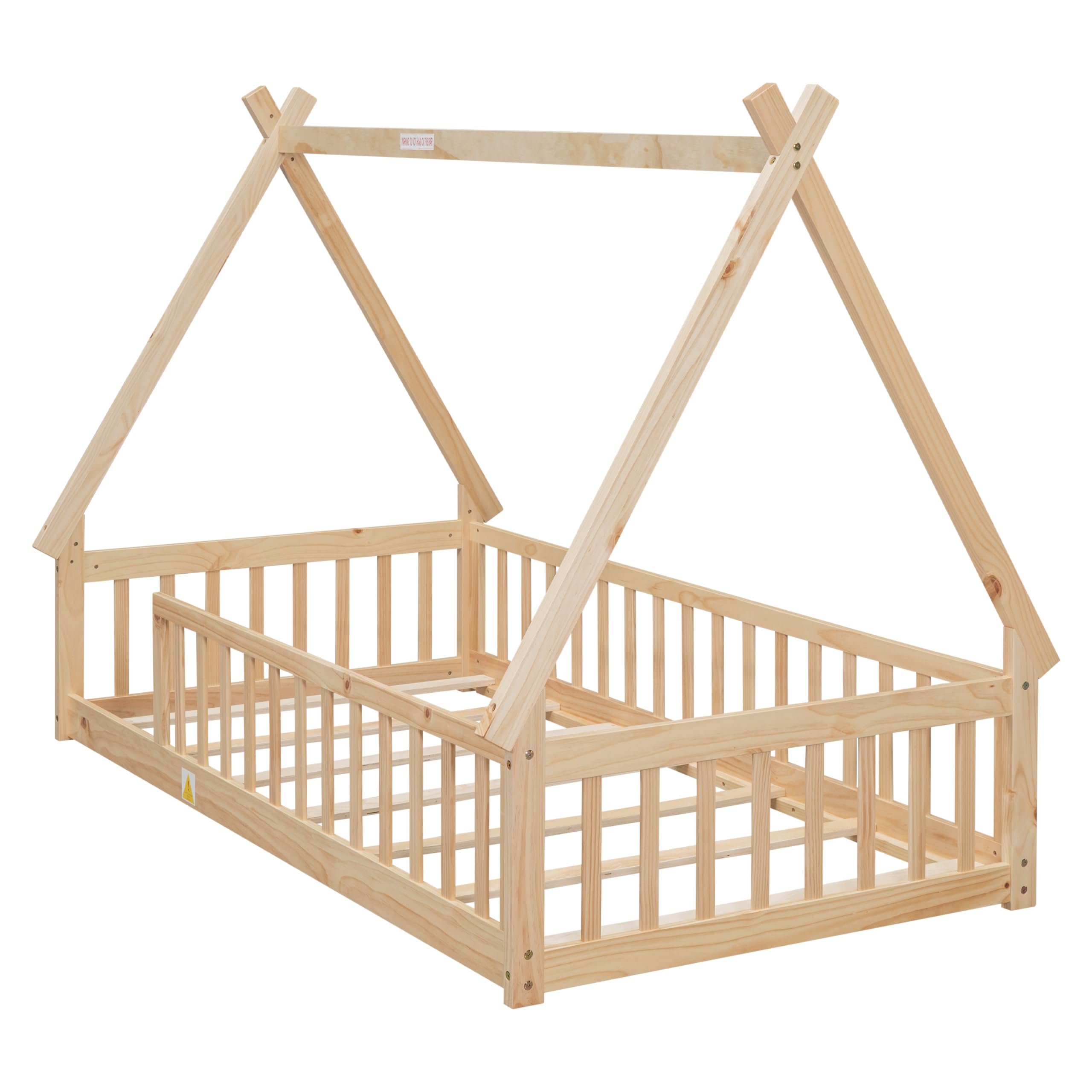 Montessori Floor Bed for Kids - Twin Size Teepee Tent Bed with Slats & Safety Rails, Natural Wood House Bed Frame for Boys & Girls | Perfect for Montessori Rooms, Playrooms & Cozy Bedtime Reading Nooks