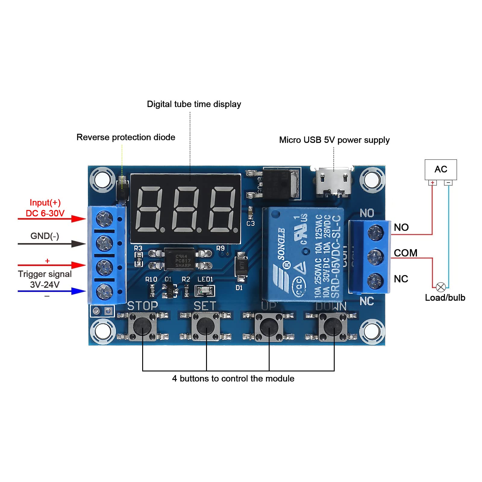 2PCS DC 6V-30V Digital Timer Relay Module with LED Display - Adjustable Trigger Cycle Delay Switch for Automation Control (Perfect for Home Automation, Industrial Equipment, and DIY Electronics Projects)