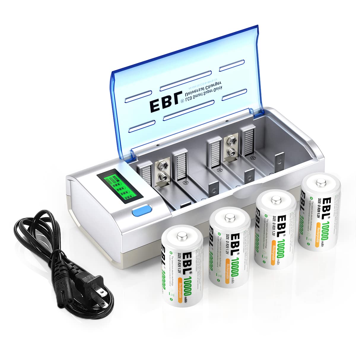 EBL 8-Bay LCD Smart Battery Charger for AA AAA C D 9V Rechargeable Batteries - Includes 4 x 10000mAh D Cell Batteries with Discharge Function - Perfect for Home, Office, Toys, Flashlights & Emergency Power Supply
