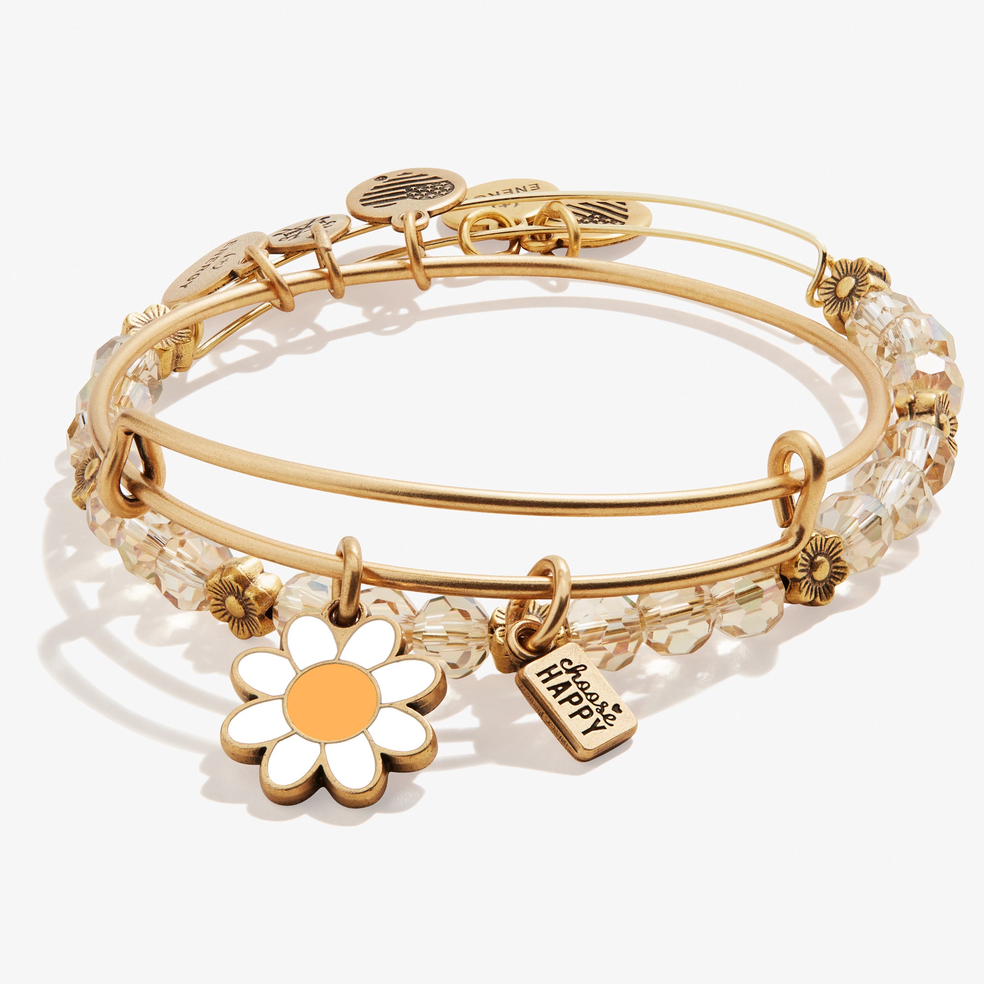 Choose Happy Daisy Charm Bangles - Set of 2 Adjustable Bracelets for Women, Trendy Floral Jewelry Gift for Her | Perfect for Everyday Wear, Parties & Special Occasions