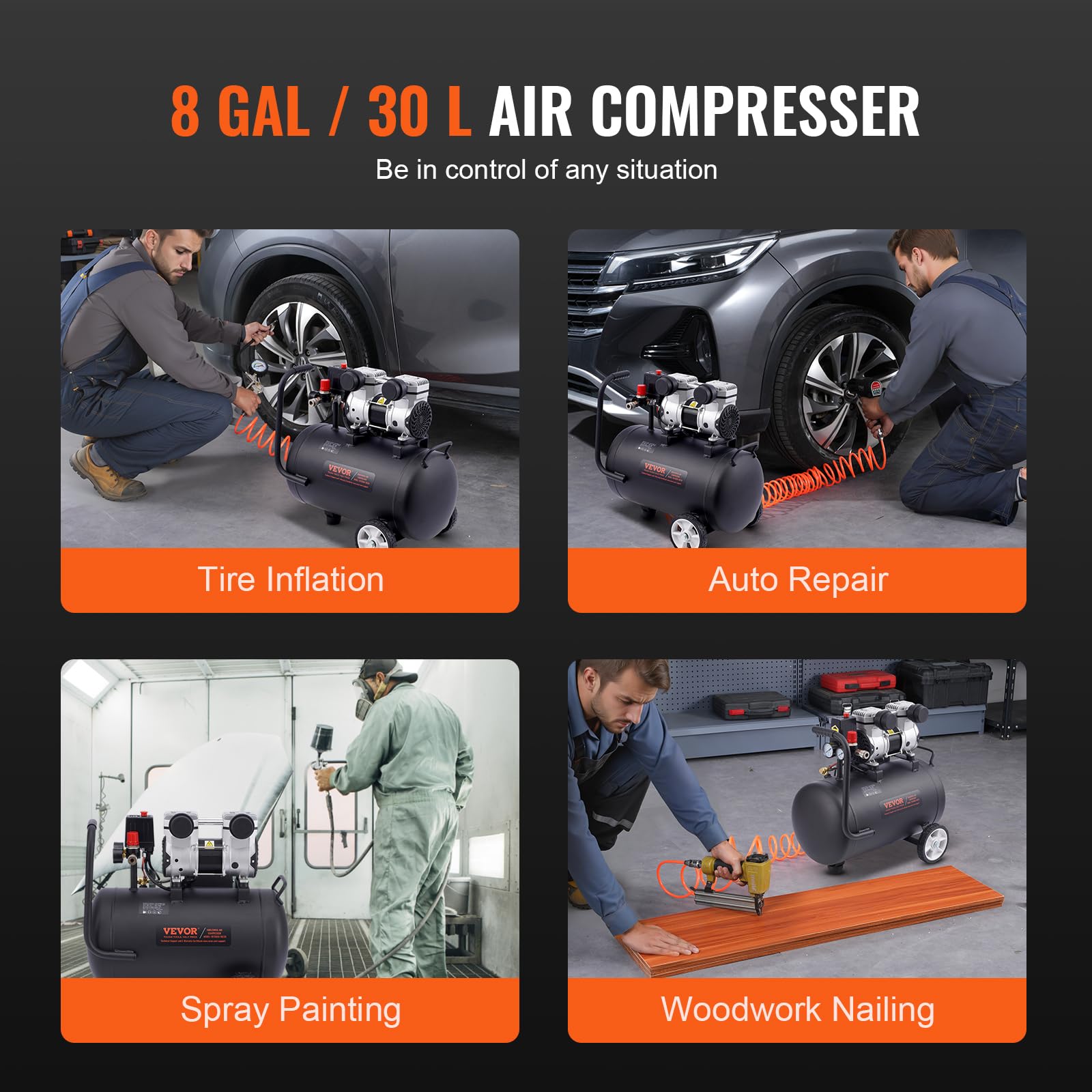 VEVOR 8 Gallon Steel Tank Air Compressor, 1HP 2.2 CFM@90 PSI Oil-Free, 120PSI Max Pressure, 80dB Ultra Quiet Portable Compressor for Auto Repair, Tire Inflation, Spray Painting - Ideal for Home Garage, DIY Projects, and Professional Workshops