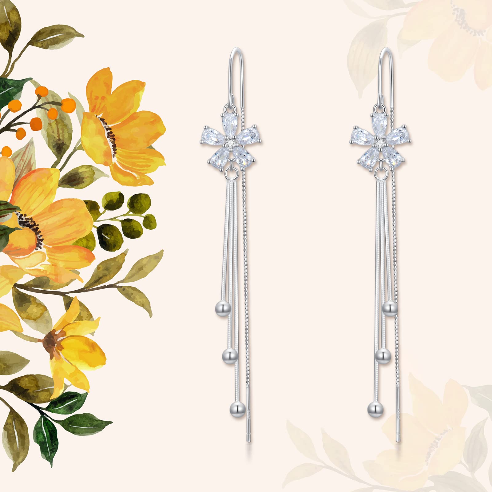 Sterling Silver Threader Earrings with Cubic Zirconia - Elegant Flower, Star, Heart & Butterfly Charms | Long Dangle Drop Earrings for Women & Girls | Perfect for Parties, Weddings & Everyday Wear