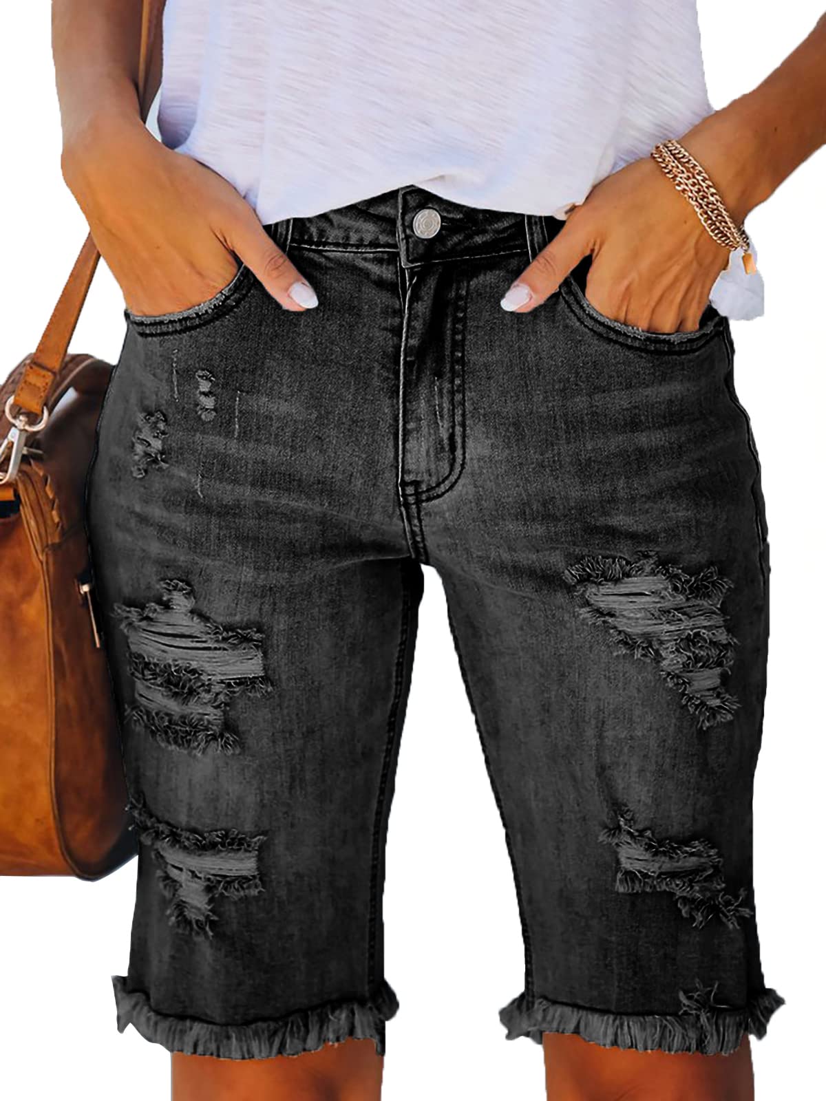 Govc Women's High Rise Ripped Stretchy Denim Bermuda Shorts - Distressed Raw Hem Jean Shorts for Summer Casual Wear & Beach Outfits