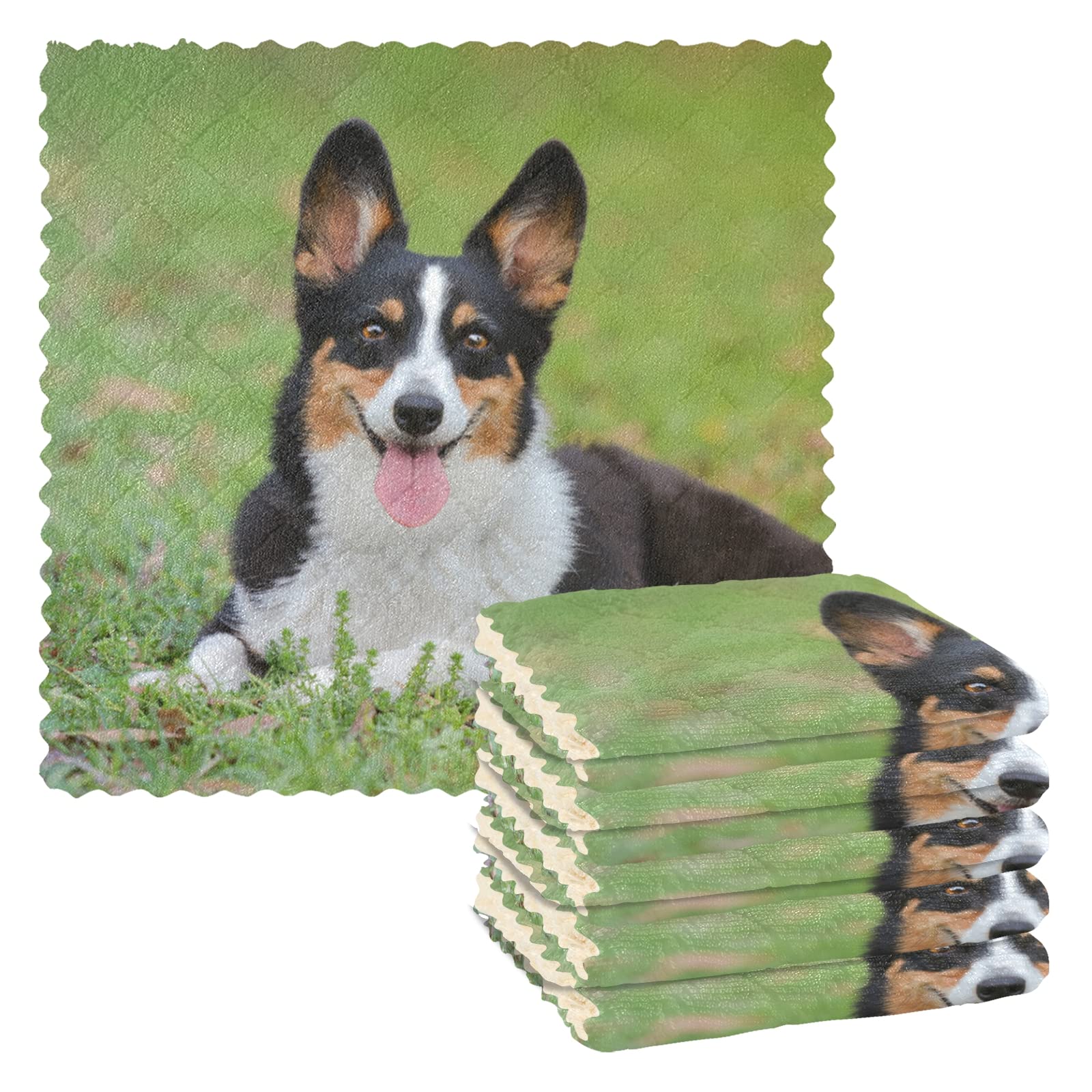 SUABO 6 Pack Welsh Corgi Kitchen Towels - Absorbent Reusable Cleaning Cloths for Dishes, Countertops & Household Chores | Cute Dog Design Home Decor Gift