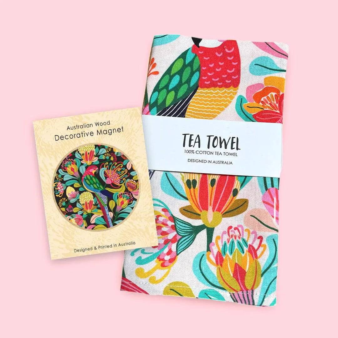 Premium Home Decor Gift Set - Designer Rosella Paradise Tea Towel & Wooden Fridge Magnet for Kitchen, Housewarming, Wedding Gifts