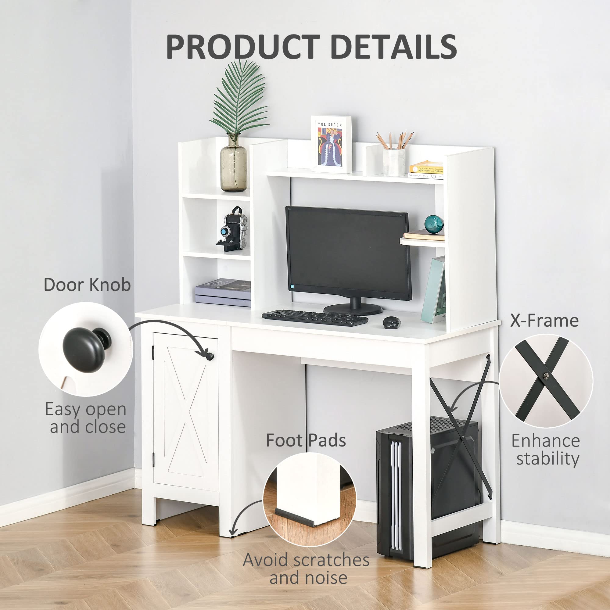 HOMCOM Farmhouse Style Computer Desk with Hutch and Cabinet - White Home Office Desk with Storage Shelf, Study Writing Table for Small Spaces | Perfect for Home Office, Dorm Room & Workspace Organization