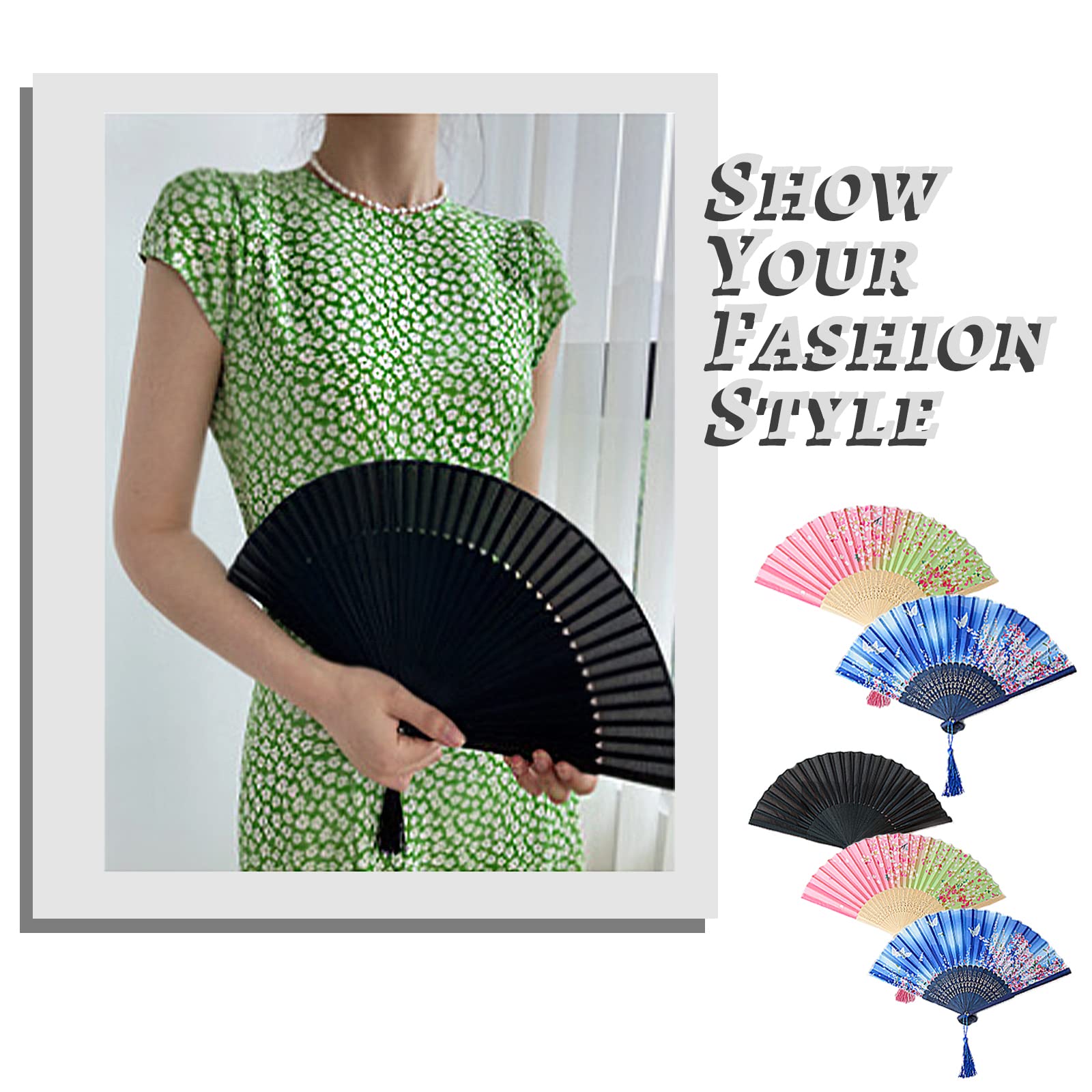 DONJIM Small Portable Folding Hand Fan - Black Silk Traditional Manual Fan for Wedding, Photography, Show, Gift & Home Decoration | Perfect for Summer Cooling, Outdoor Events & Cultural Performances