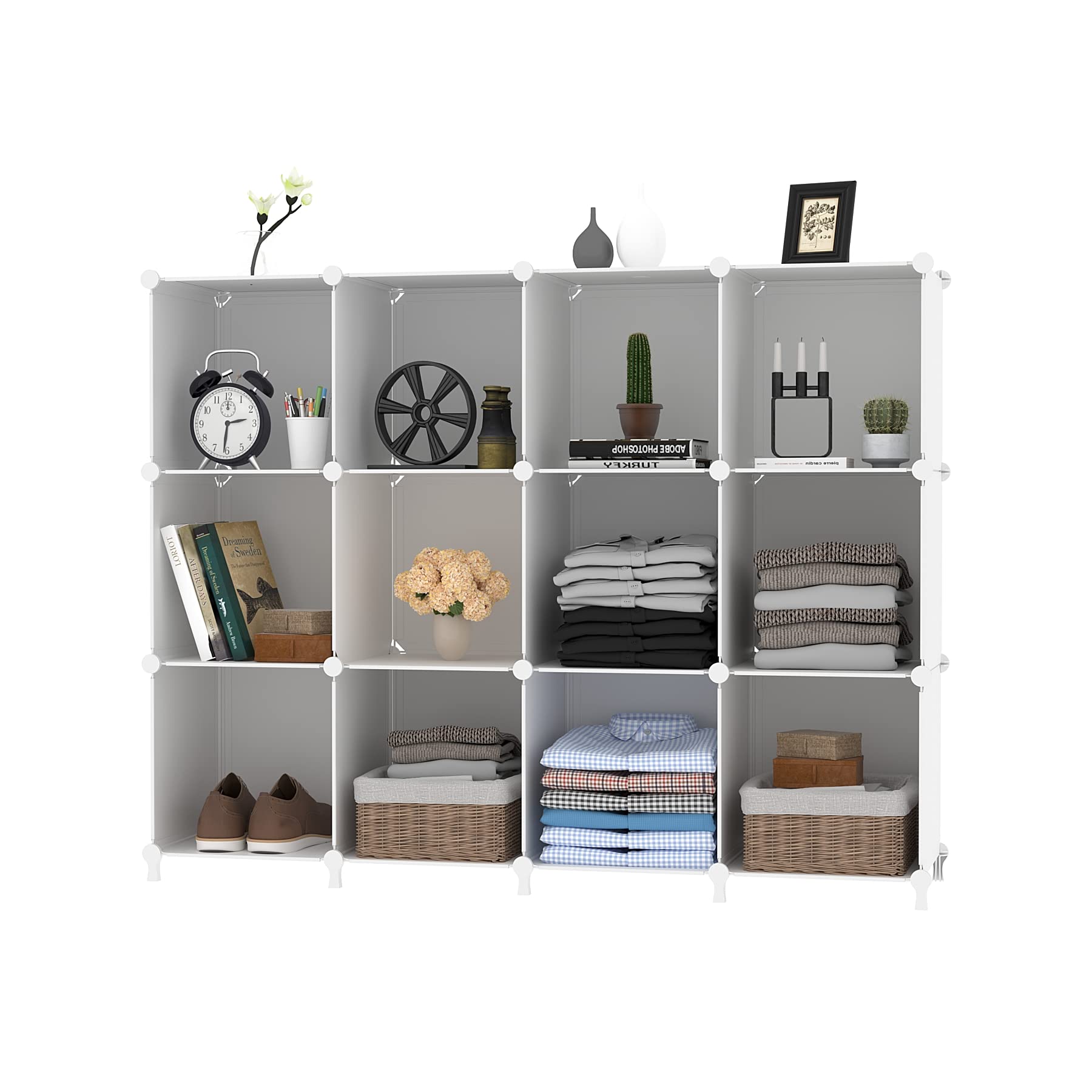 12-Cube Storage Organizer - Stackable DIY Closet Shelves for Home & Bedroom Organization - White