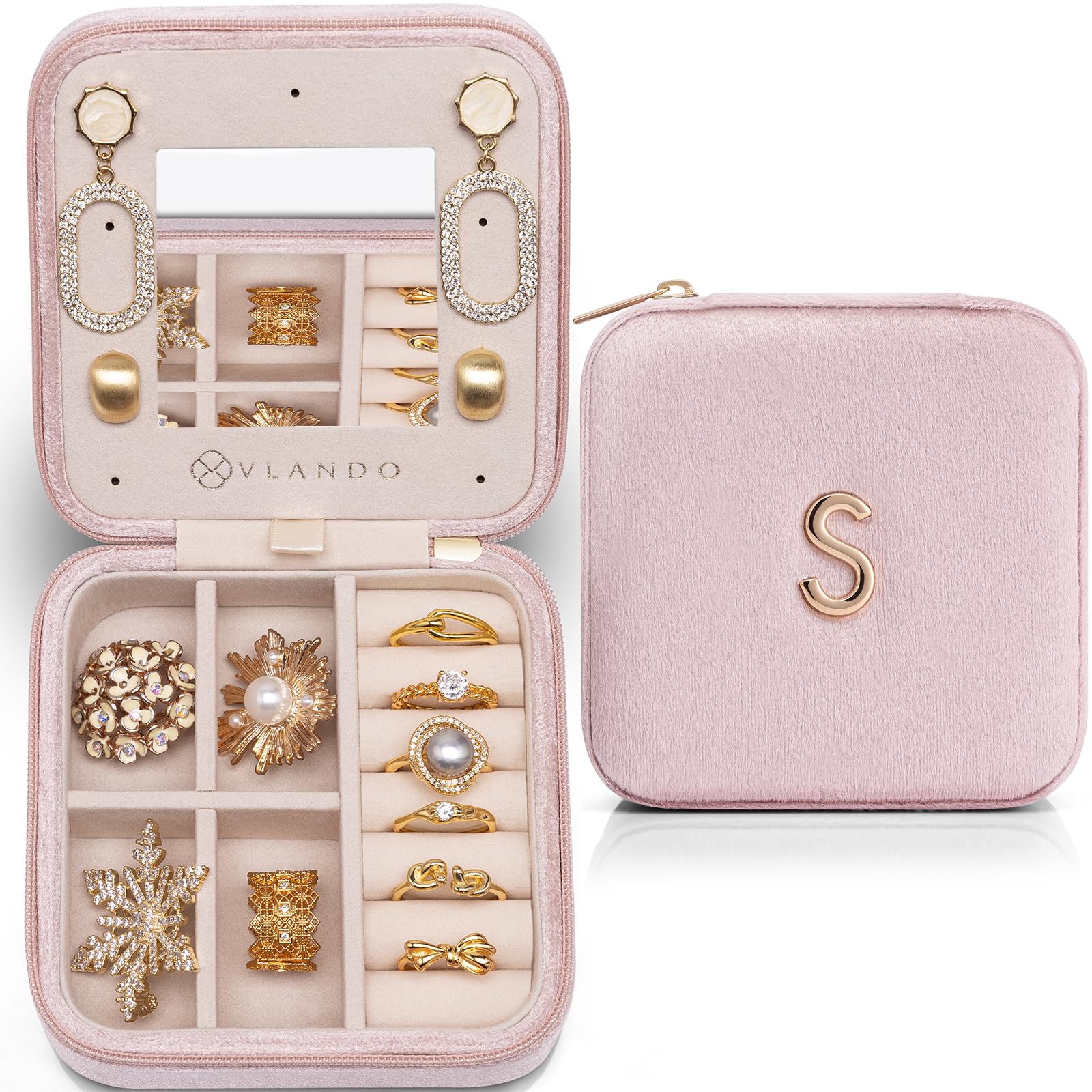 Vlando Jewelry Organizer for Women - Portable Travel Jewelry Case with Necklace, Earring & Ring Storage - Pink Letter S Design - Perfect for Vacations, Business Trips & Christmas Gifts
