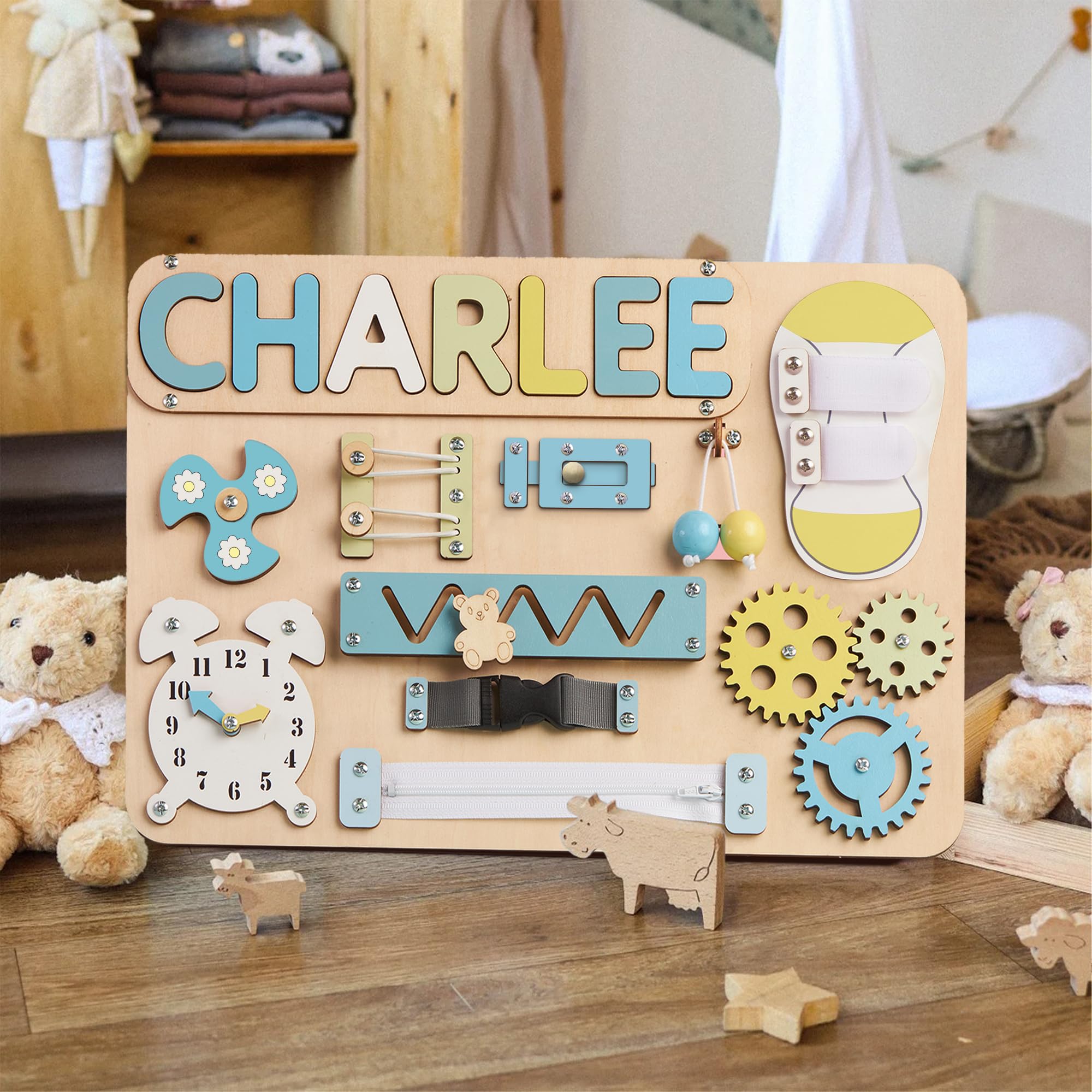 Montessori Wooden Busy Board for Toddlers 1-3 Years Old - Personalized Sensory Toy with Fine Motor Skill Activities | Educational Learning Toy for Baby & Toddler | Perfect Gift for Birthday & Christmas (Pastel Girl Design) - Ideal for Daycare, Preschool & Home Playtime