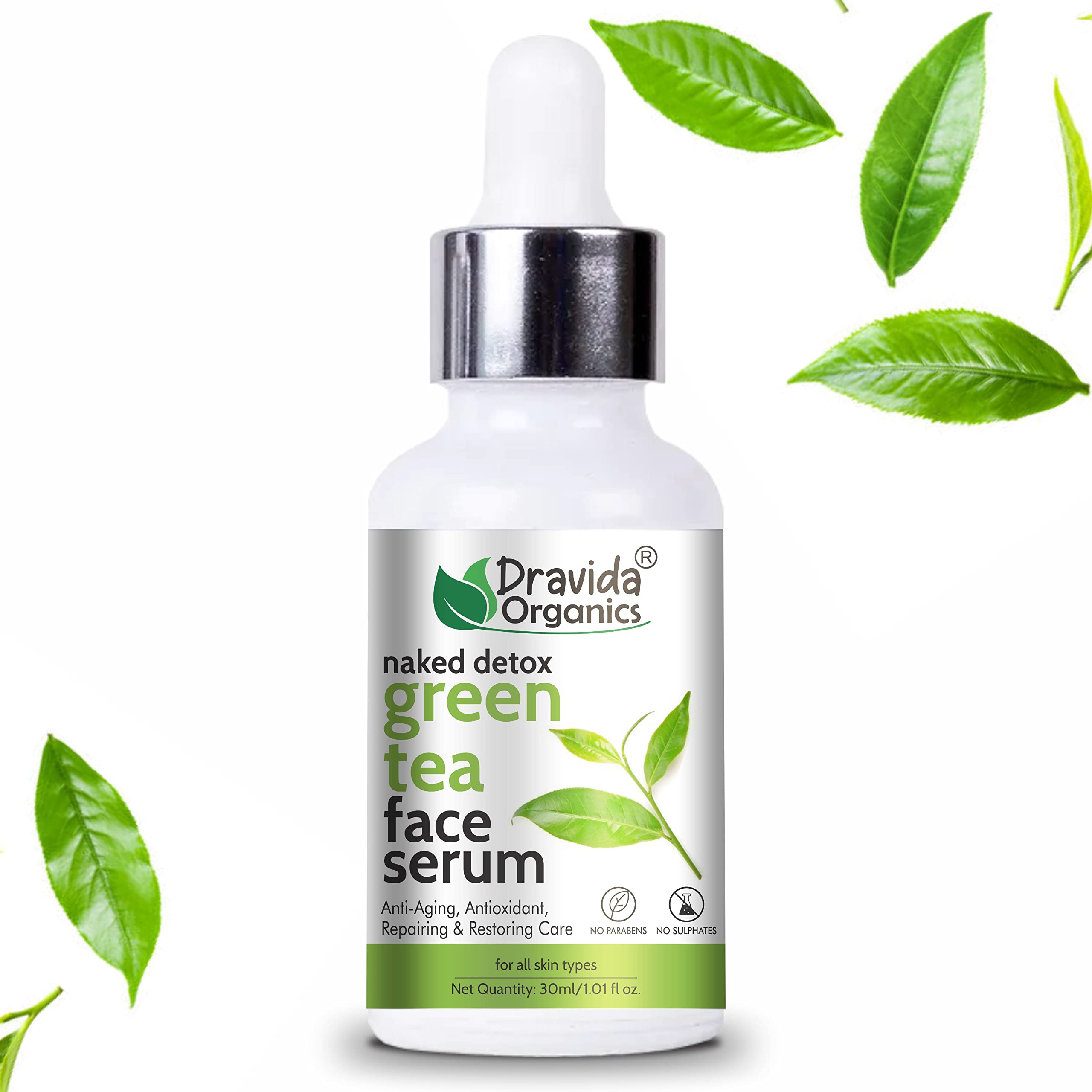 Dravida Organics Green Tea Face Serum - Anti-Aging, Antioxidant, Repair & Restore Skin Care (30ml) | Best for Daily Hydration, Wrinkle Reduction & Glowing Skin