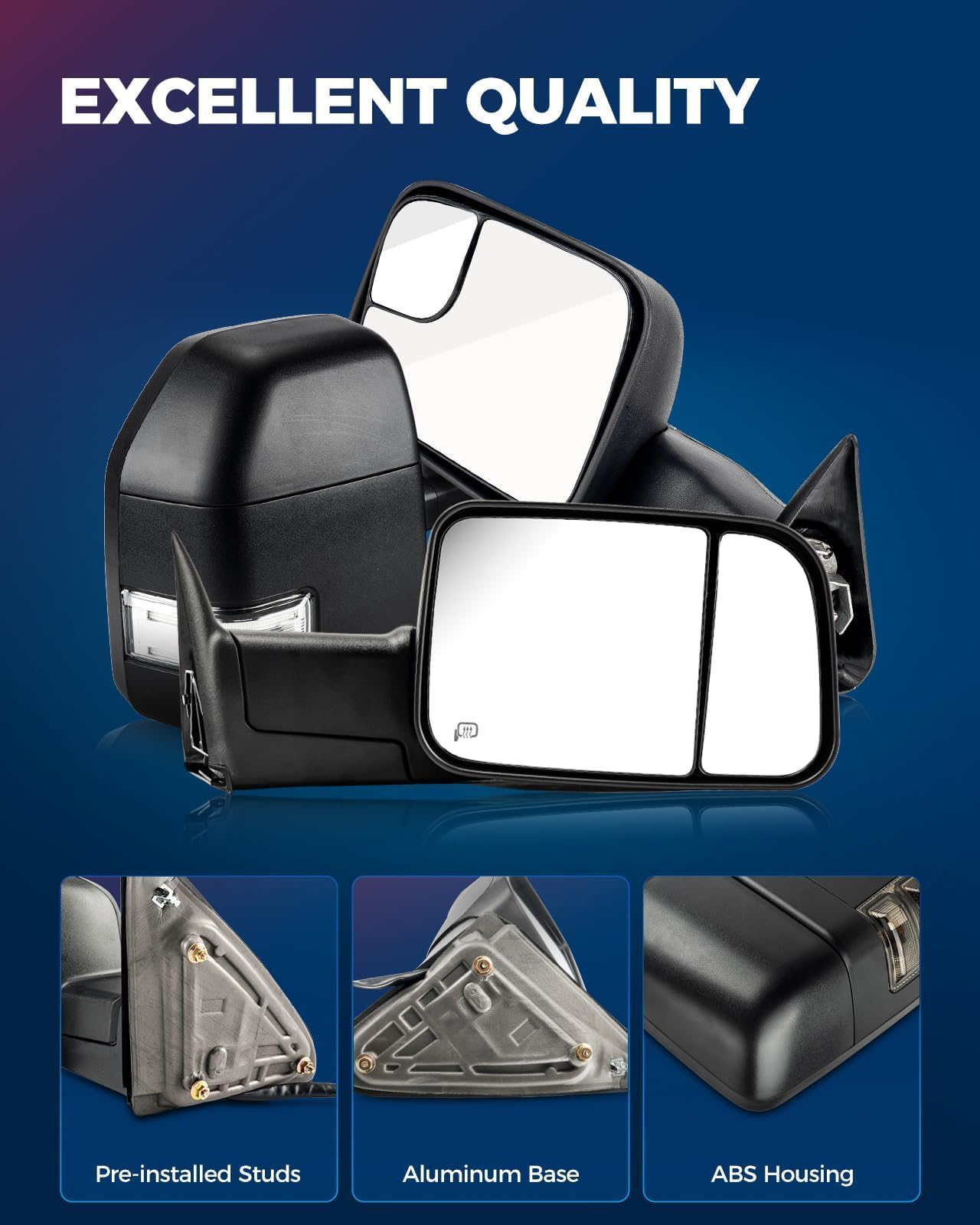 KAX 1 Pair Towing Mirrors for Ram 1500/2500/3500 - Manual Folding & Upturn, Plane & Convex Glass - Perfect for Towing, Off-Roading & Heavy-Duty Use