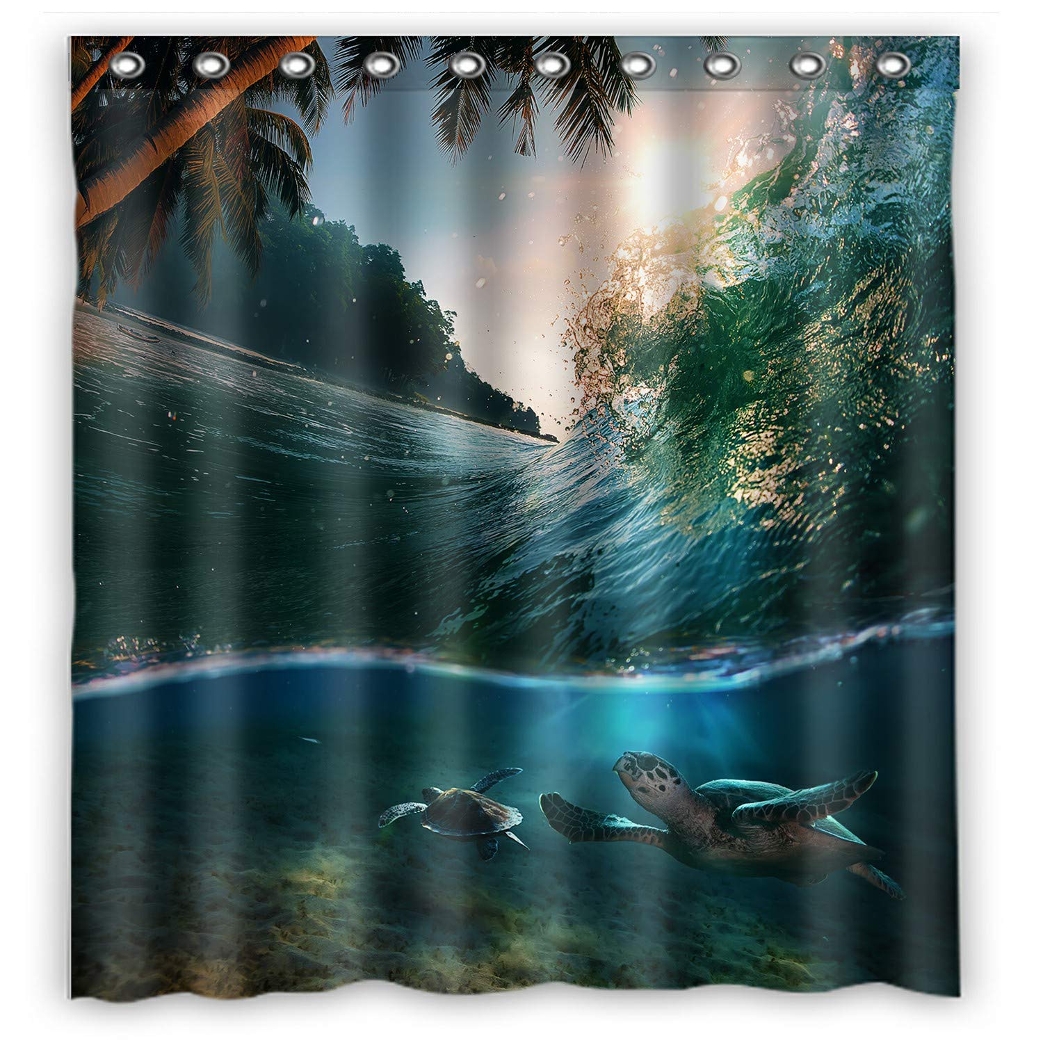 Waterproof Tropical Paradise Ocean Surfing Wave with Two Turtles Shower Curtain 66x72 Inch - Bathroom Decor for Beach Theme, Coastal Style & Vacation Vibes | Perfect for Bathrooms, Guest Suites & Vacation Rentals