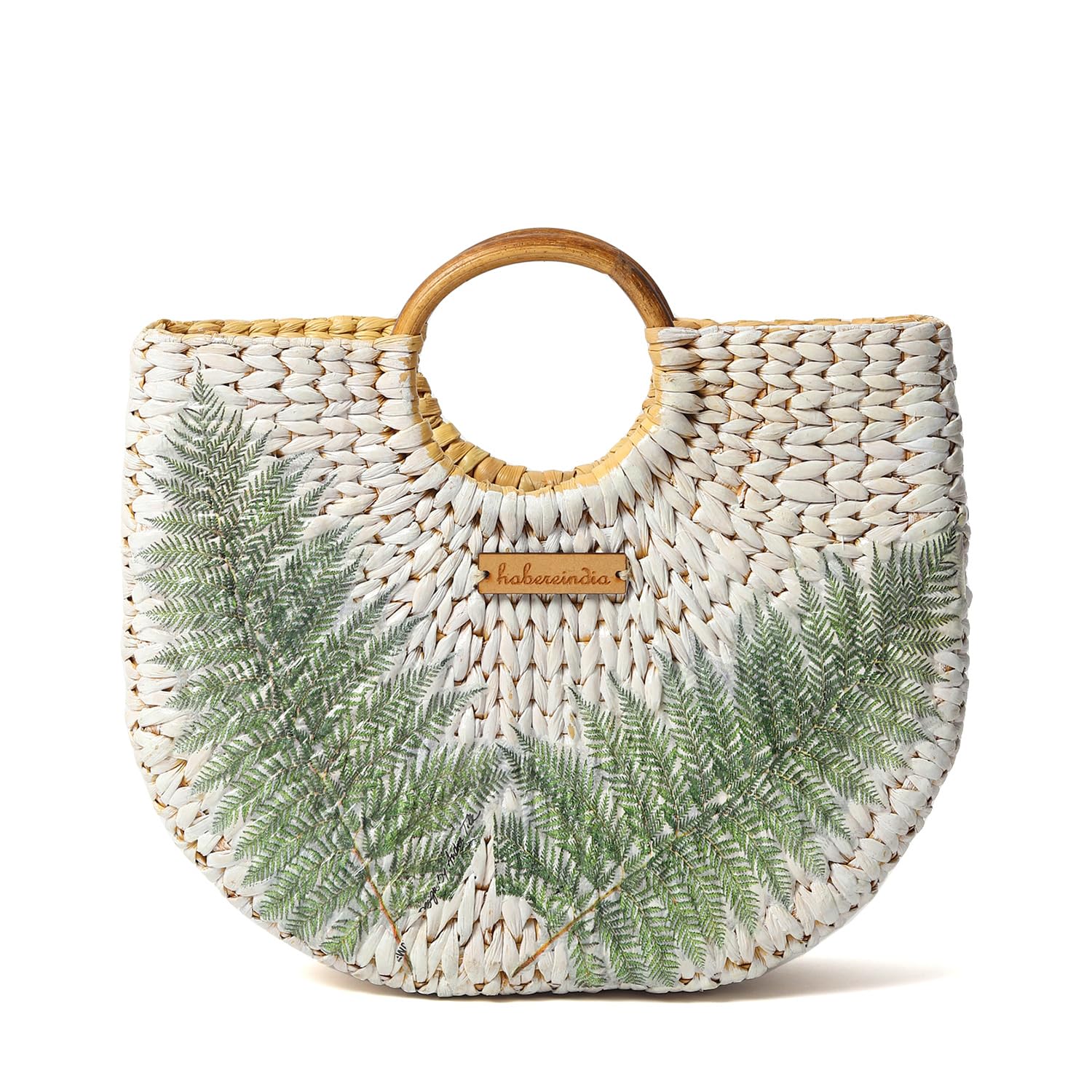 Habere India Handmade Straw Tote Bag - Small Boho Beach Bag for Women | Bamboo & Kauna Woven Basket Purse | White Half Moon Crossbody Bag | Perfect for Summer, Travel, Picnic & Boho Fashion