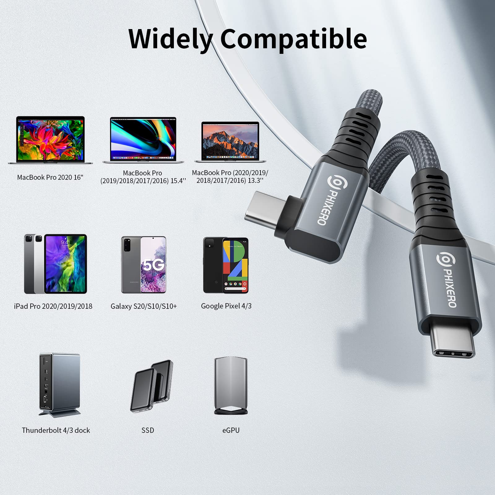 PHIXERO USB 4 Cable 1FT - Thunderbolt 3/4 Compatible Right Angle USB C to USB C Cable - 100W Fast Charging, 40Gbps Data Transfer, 8K/Dual 4K Display Support - for MacBook Pro, iPad Pro, Dell XPS & More