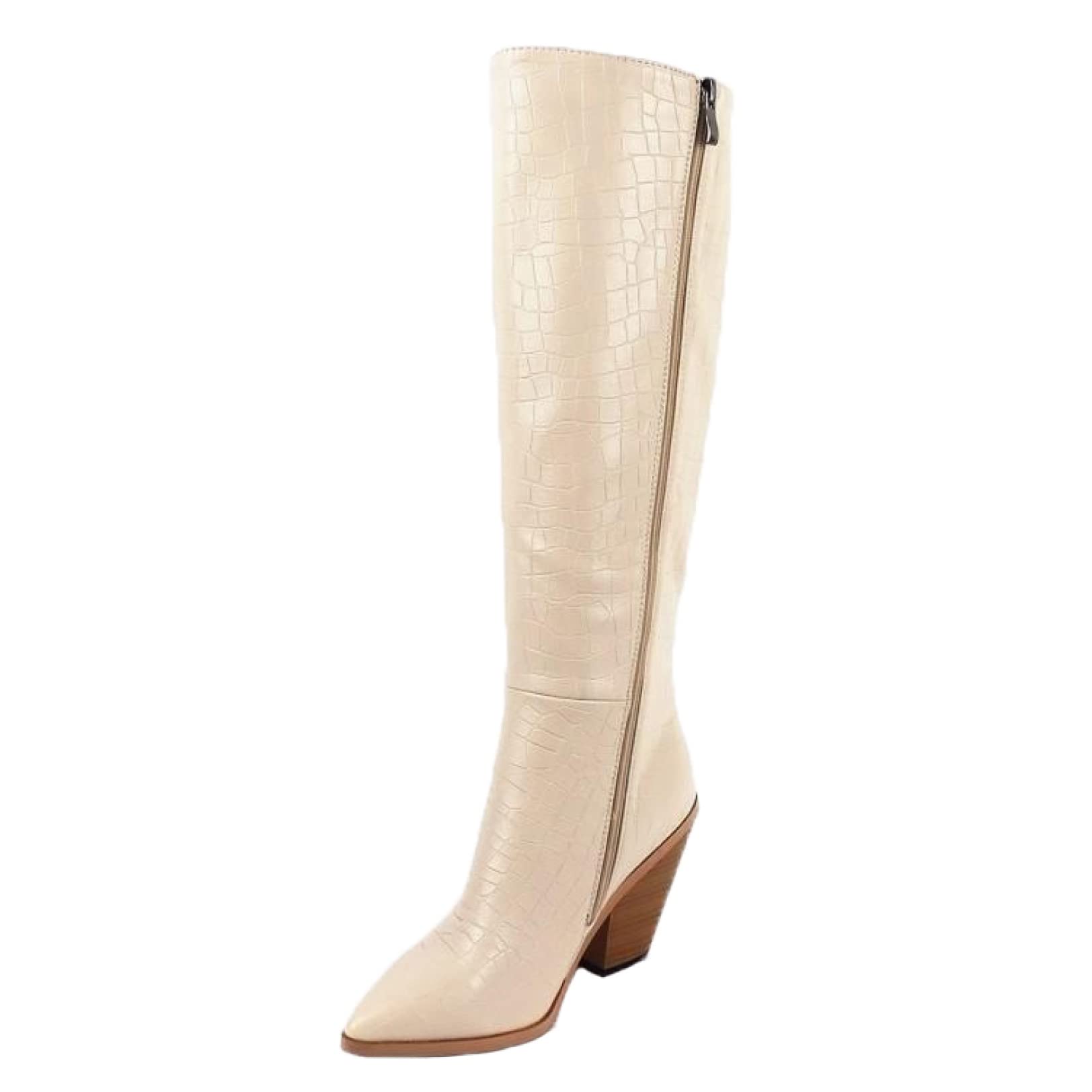 Stylish Women's Knee High Chunky Heel Boots - Faux Crocodile Print PU Leather Pointed Toe with Side Zipper - Spring & Fall Fashion Boots for Women (Black/Beige) - Perfect for Outdoor Camping, Casual Wear & Night Out