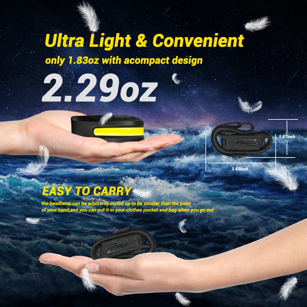 USB Rechargeable LED Sensor Headlamp - XPE+COB Bright Headlight with Motion Detection, Adjustable Head Torch for Camping, Hiking, Fishing & Outdoor Activities | Waterproof Flashlight for Night Work & Emergency Use