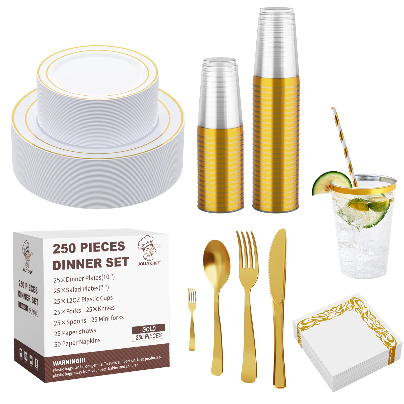 JOLLY CHEF 250-Piece Disposable Plastic Dinnerware Set - 50 Gold Plastic Plates, 25 Gold Forks/Knives/Spoons, 25 Gold Cups with Straws & 50 Decorative Napkins - Elegant Wedding, Birthday Party, Baby Shower or Anniversary Supplies (Serves 25 Guests)