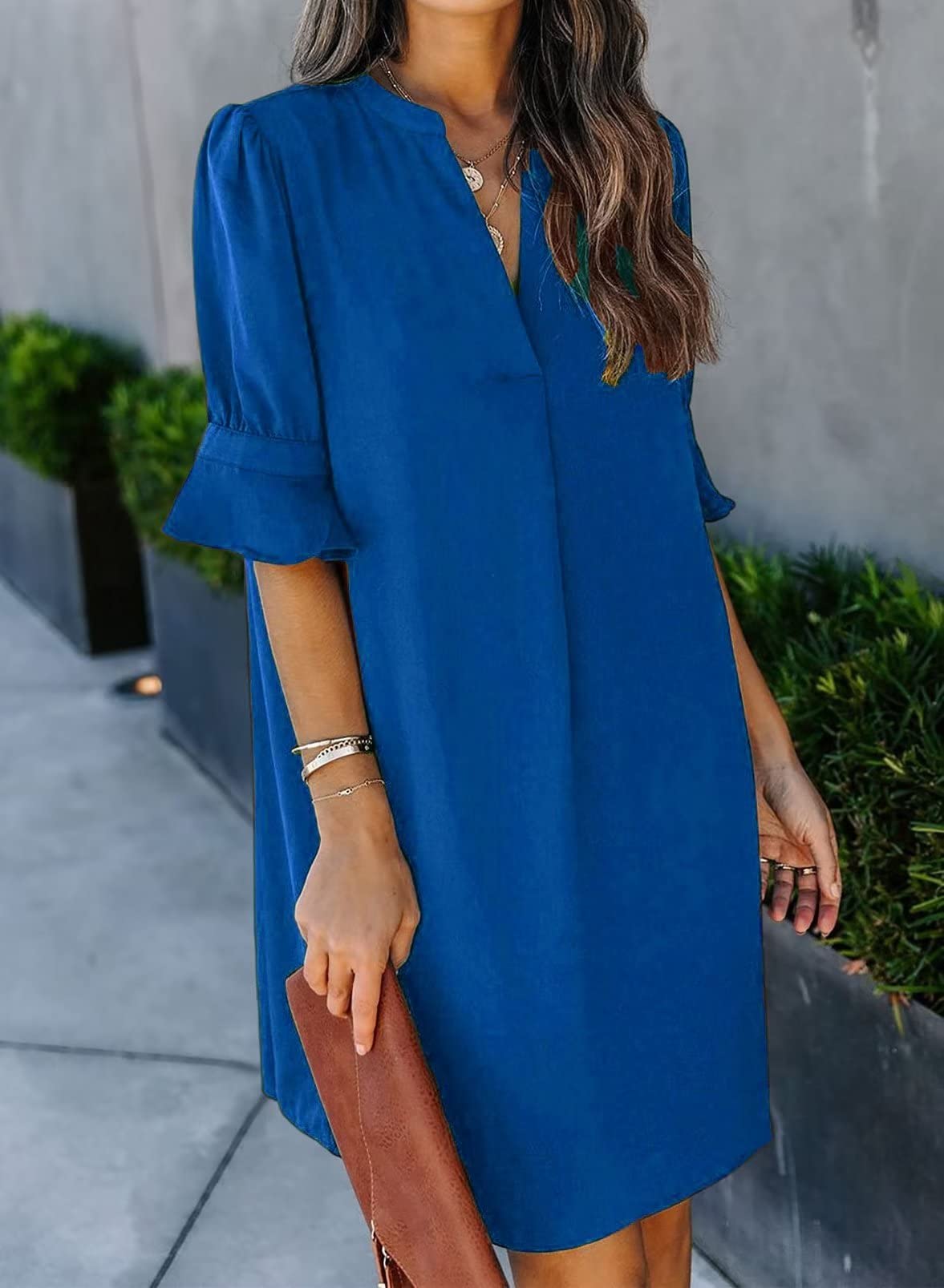FEKOAFE Women's Summer Casual Dress 2023 - V Neck Ruffle Short Sleeve Solid Color Sundress for Beach, Party & Everyday Wear