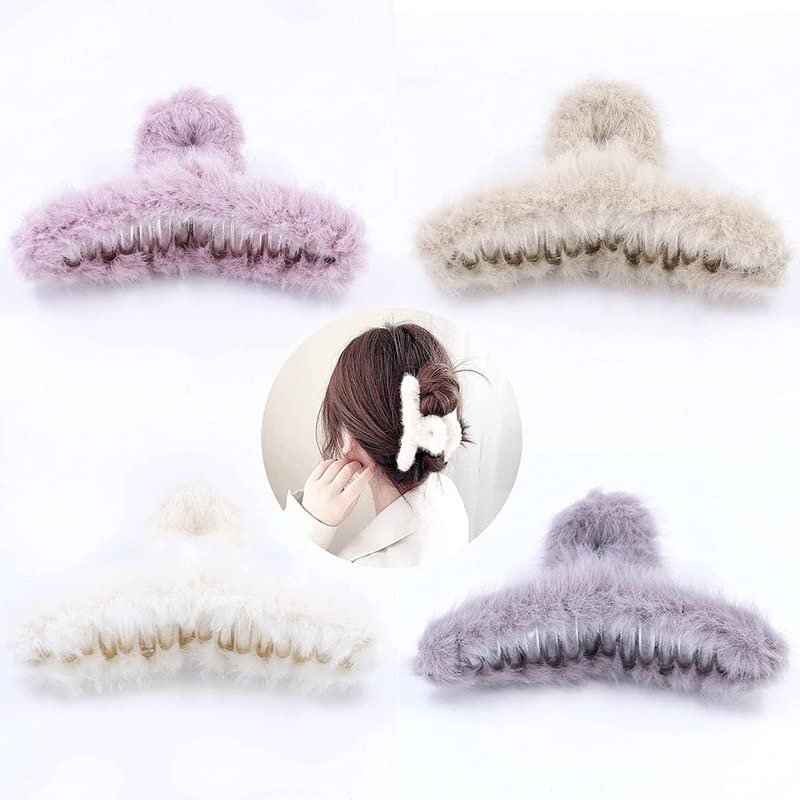 BELICIA 4 Pack Large Faux Fur Hair Claw Clips - Soft Plush Hair Barrettes for Women, Jaw Clamp Clips for Thick Hair - Perfect for Half Up Buns, Ponytails & Everyday Hairstyles
