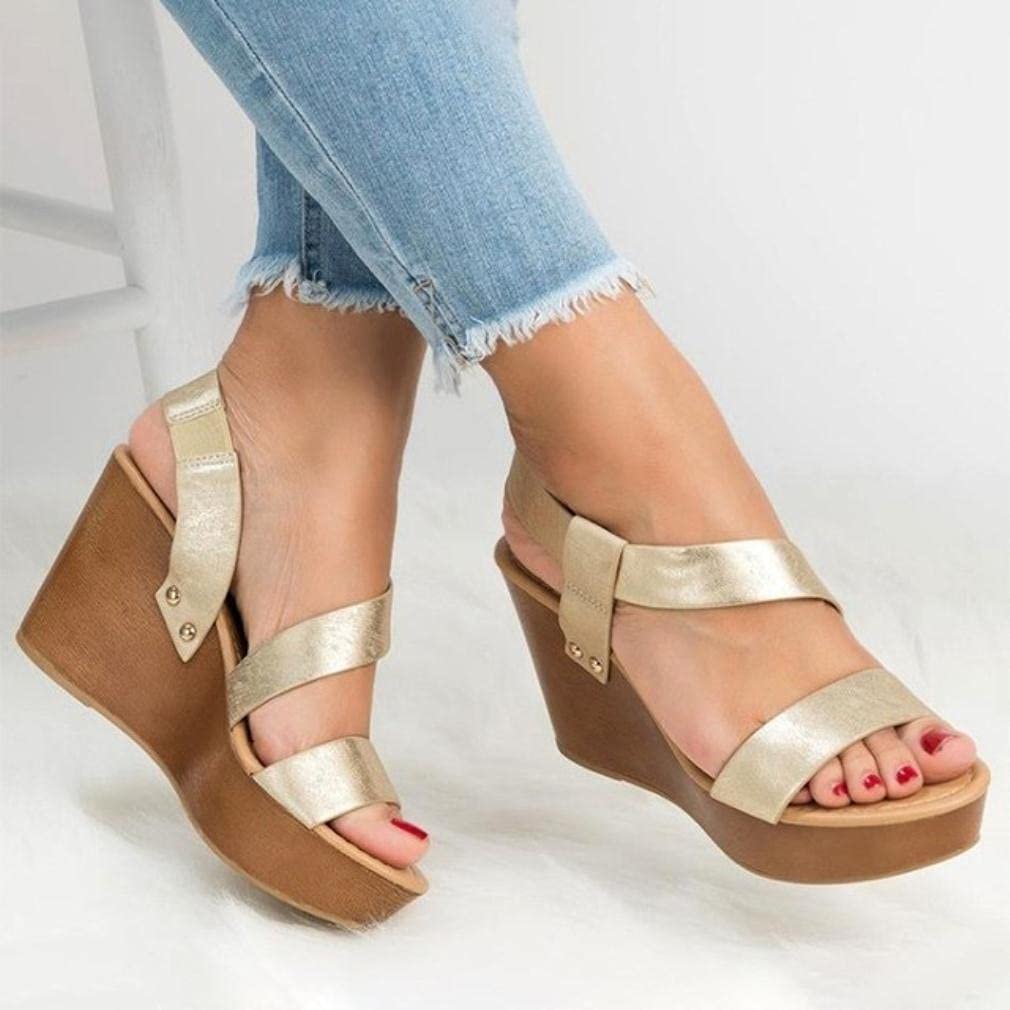 Women's Open Toe Platform Wedge Sandals with Cork Sole & Elastic Strap - Comfortable Summer Casual Shoes for Women - Perfect for Beach, Vacation, and Everyday Wear (Gold)