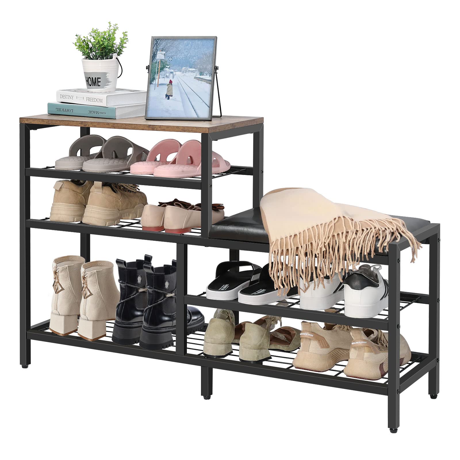 5-Tier Shoe Rack Bench with Seat - Industrial Metal Entryway Storage Organizer for Shoes & Boots | Hallway Bench with Storage Shelves in Brown & Black | Perfect for Small Spaces, Mudrooms & Apartment Entryways