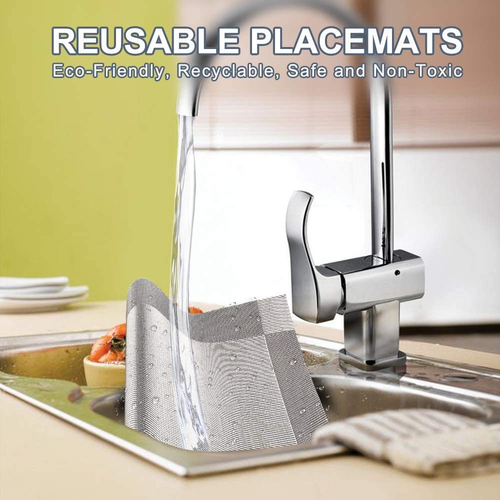 Premium Heat-Resistant Woven Vinyl Placemats Set of 4 - Non-Slip Washable PVC Table Mats for Dining Table, Easy to Clean & Durable (Silver Grey) - Perfect for Everyday Meals, Dinner Parties & Home Decor