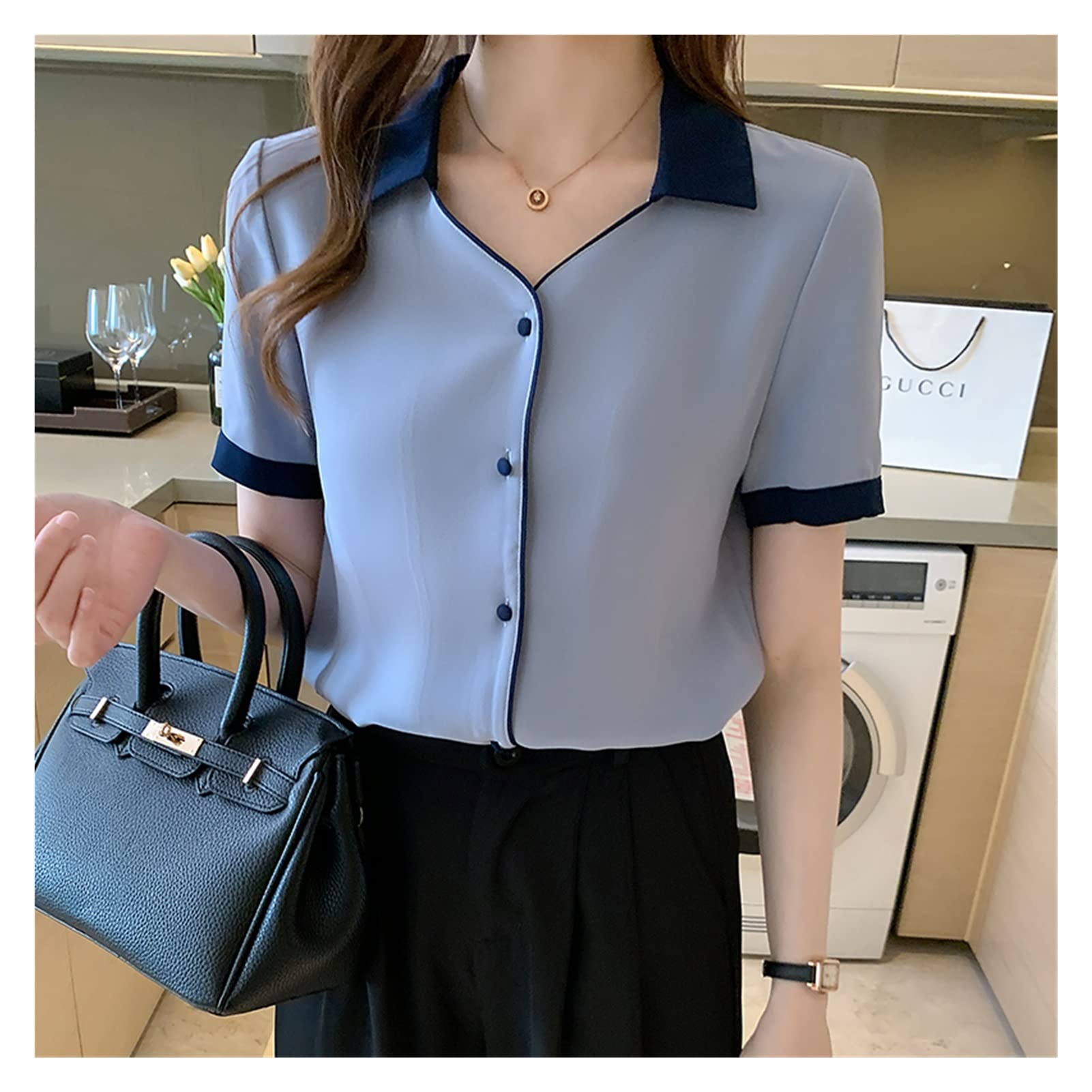 Elegant Short Sleeve Chiffon Blouse for Women - V-Neck Office Tops - XXL Size (Color A) - Perfect for Business Casual & Professional Workwear