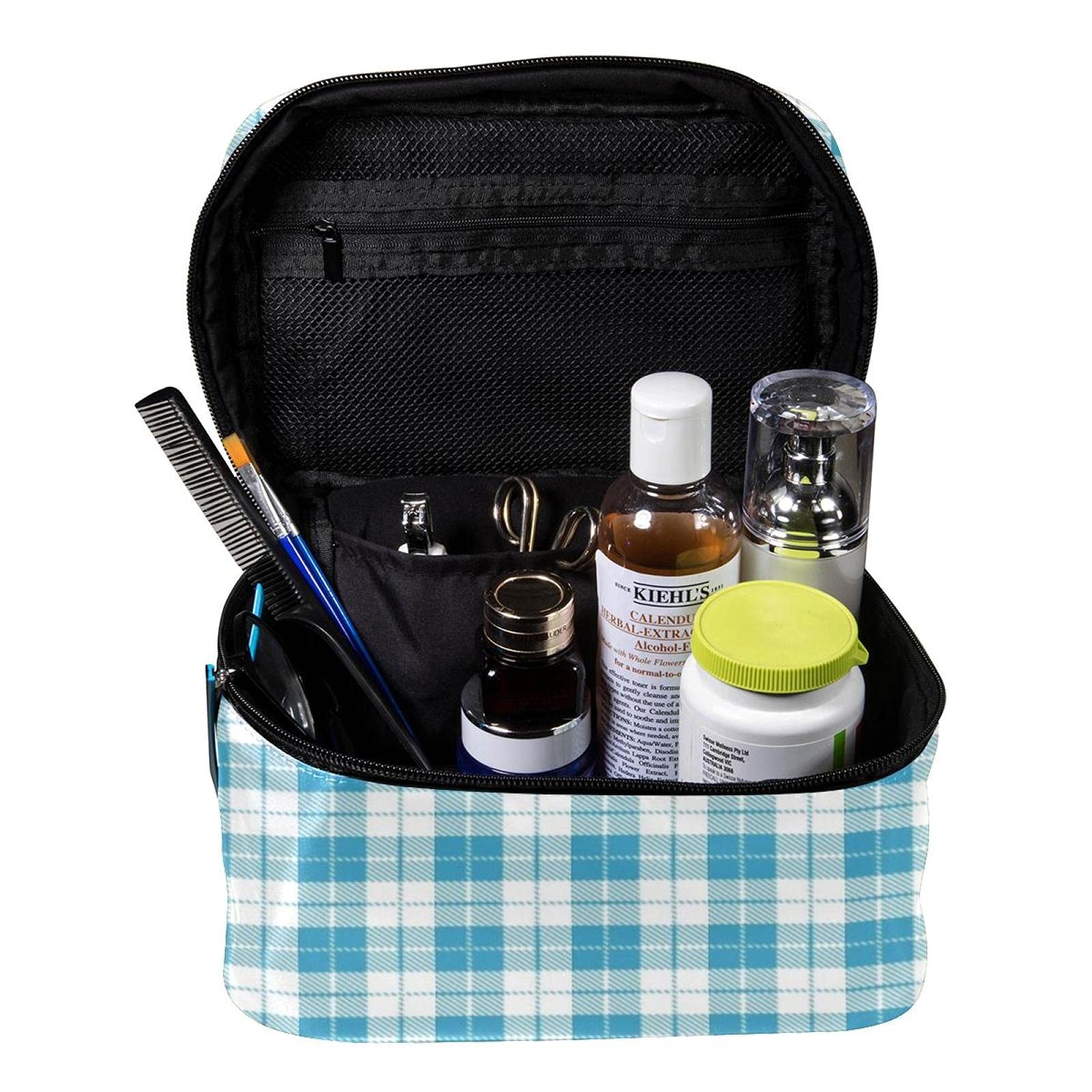 Teal Plaid Check Pattern Large Travel Makeup Bag - Waterproof Cosmetic Organizer Case with Zipper for Women & Girls | Perfect for Vacation, Gym, Business Trips & Daily Essentials Storage