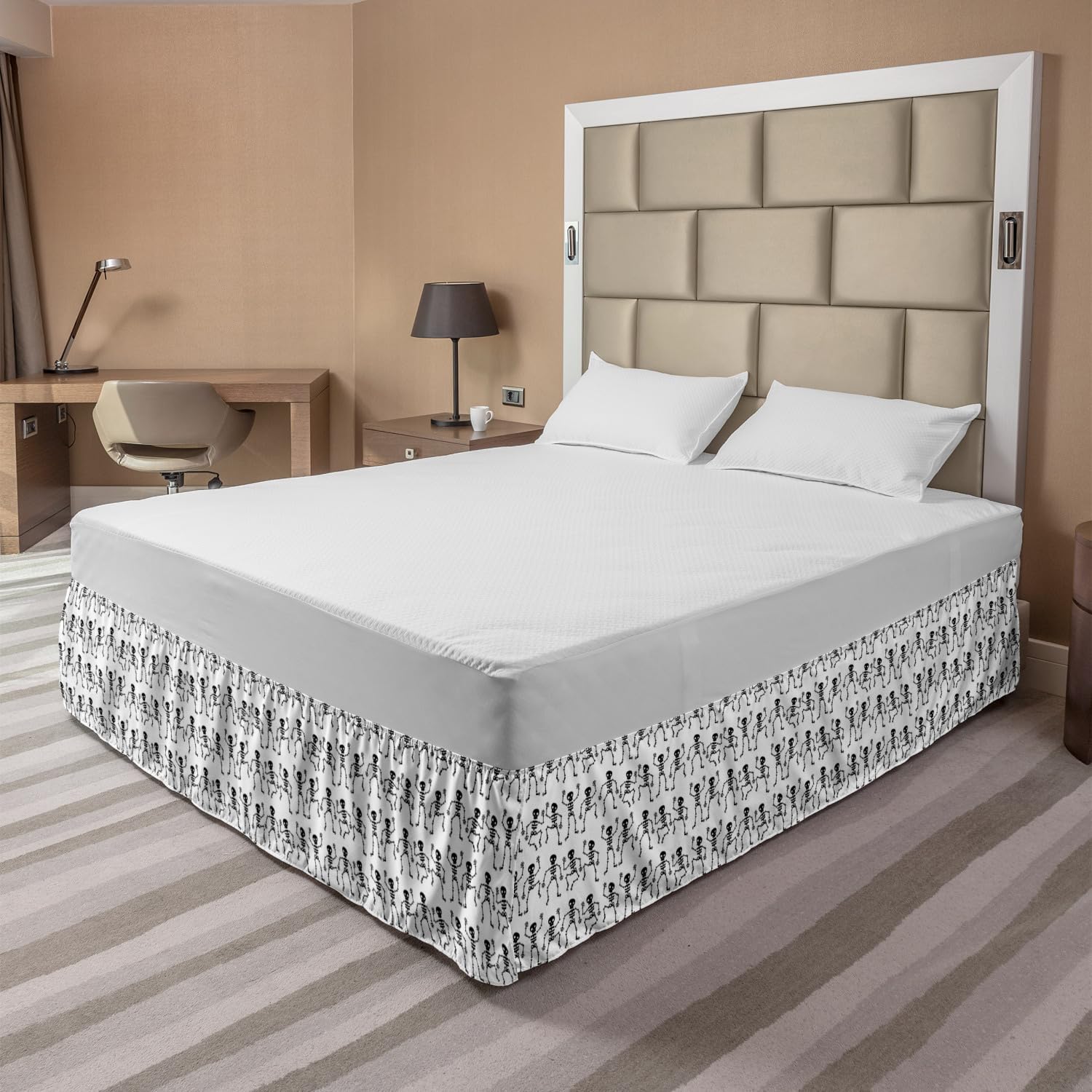Ambesonne Funny Dancing Skeletons Bed Skirt - Whimsical Bone Pattern Wrap Around Elastic Bedskirt with Gathered Design, King Size, Charcoal Grey & White - Perfect for Halloween Decor, Gothic Bedroom Theme or Unique Home Decor