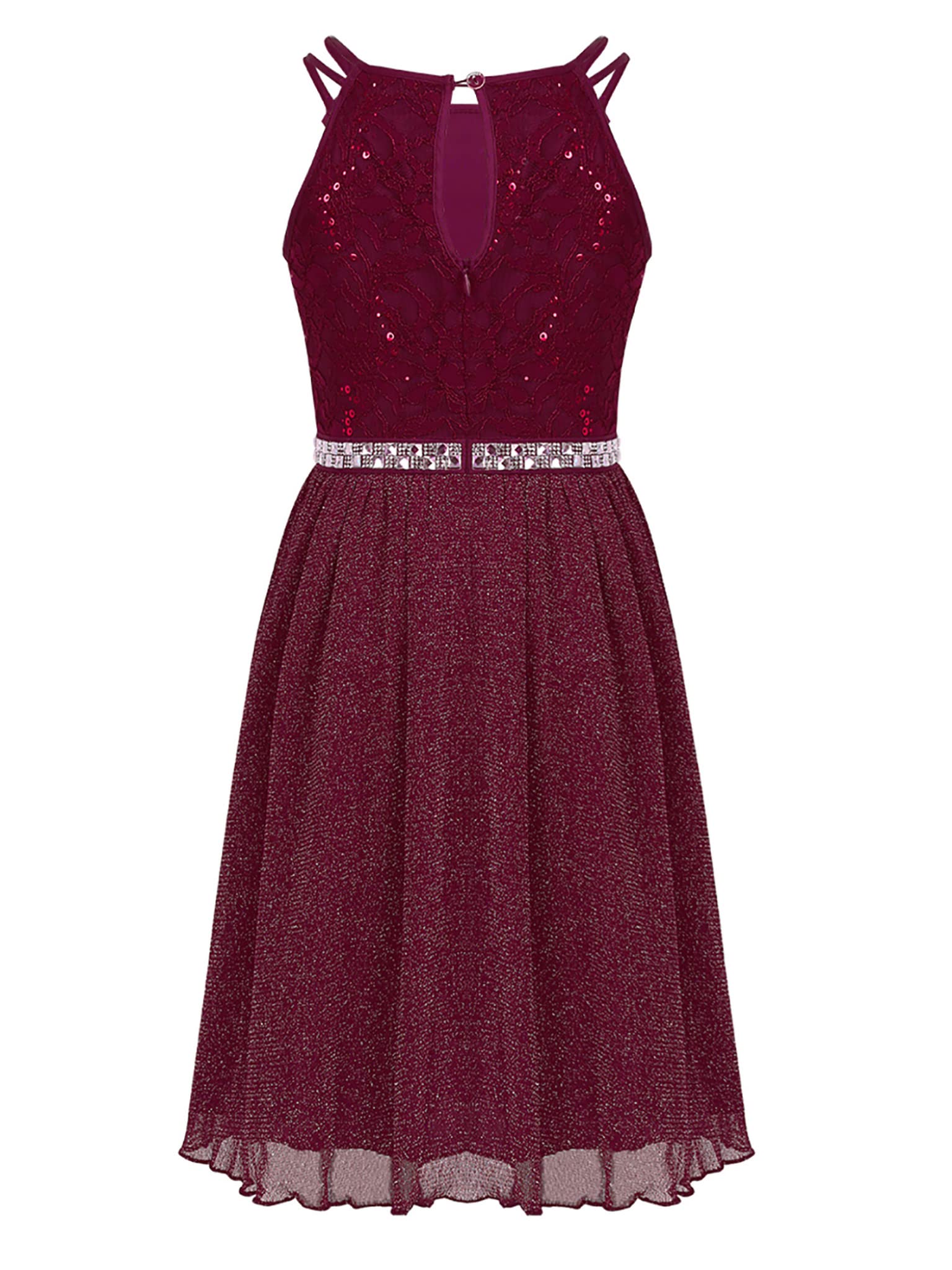 Sparkly Girls Halter Sequins Lace Chiffon Flower Dress for Junior Wedding, Bridesmaid & Prom Party | Elegant Formal Occasion Wear for Teens & Young Adults | Perfect for Special Events, Dances & Celebrations