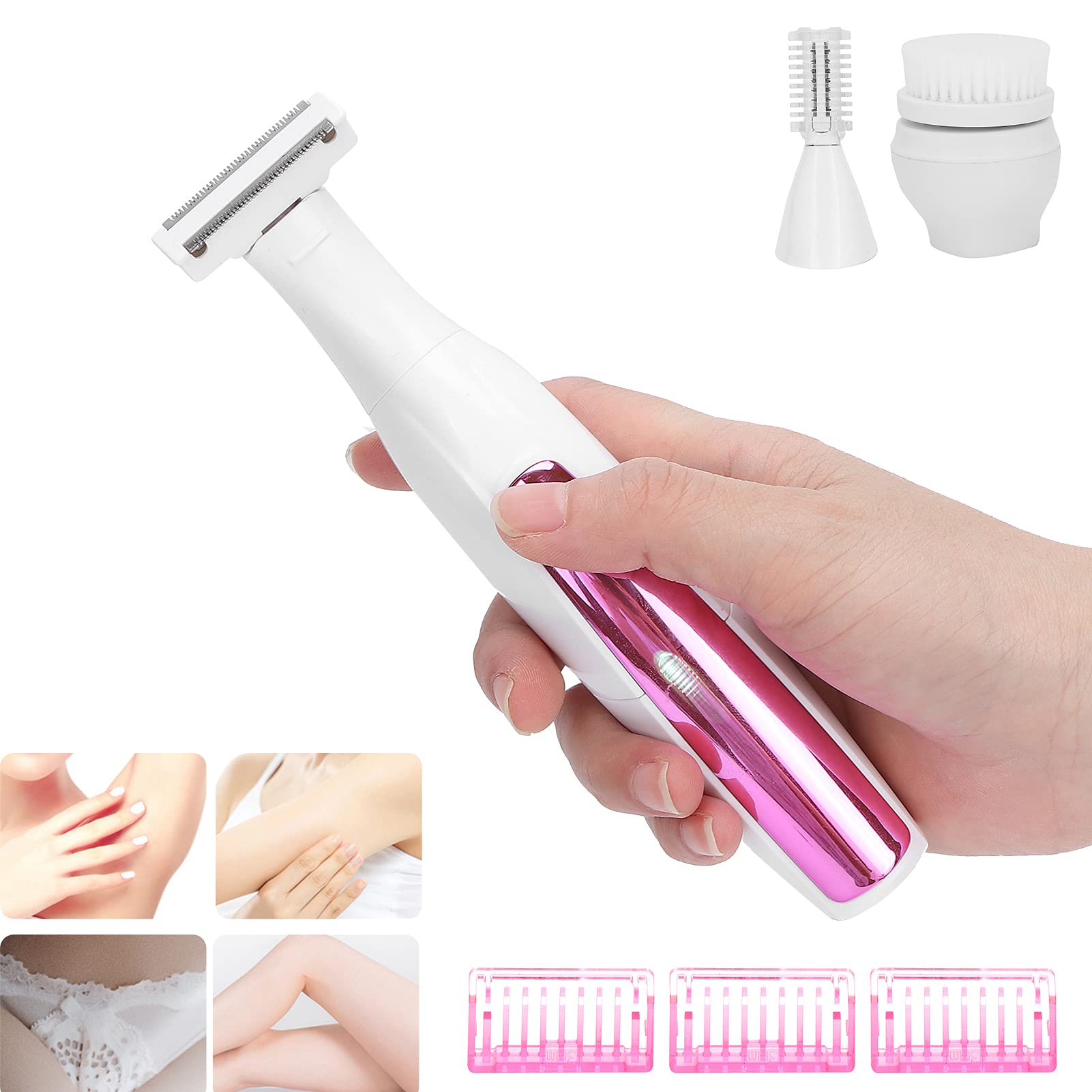 Women's 3-in-1 Electric Razor & Shaver - Eyebrow Trimmer, Facial Hair Remover & Skin Cleansing Brush with Guide Comb | Smooth Shaving for Legs, Bikini & Underarms | Perfect for Travel & Daily Skincare Routine