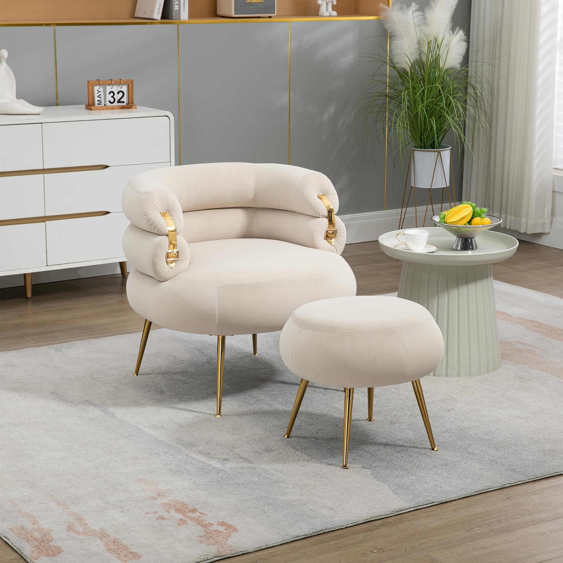 Dolonm Velvet Accent Chair with Ottoman - Modern Barrel Club Chair with Gold Legs for Living Room, Bedroom & Dorm - Cozy Reading Armchair in Beige | Perfect for Relaxing, Lounging & Home Decor