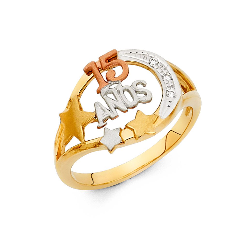 14K Yellow, White & Rose Gold Tri-Color 15th Birthday Quinceañera Ring - Elegant Anniversary Jewelry for Teens & Special Occasions