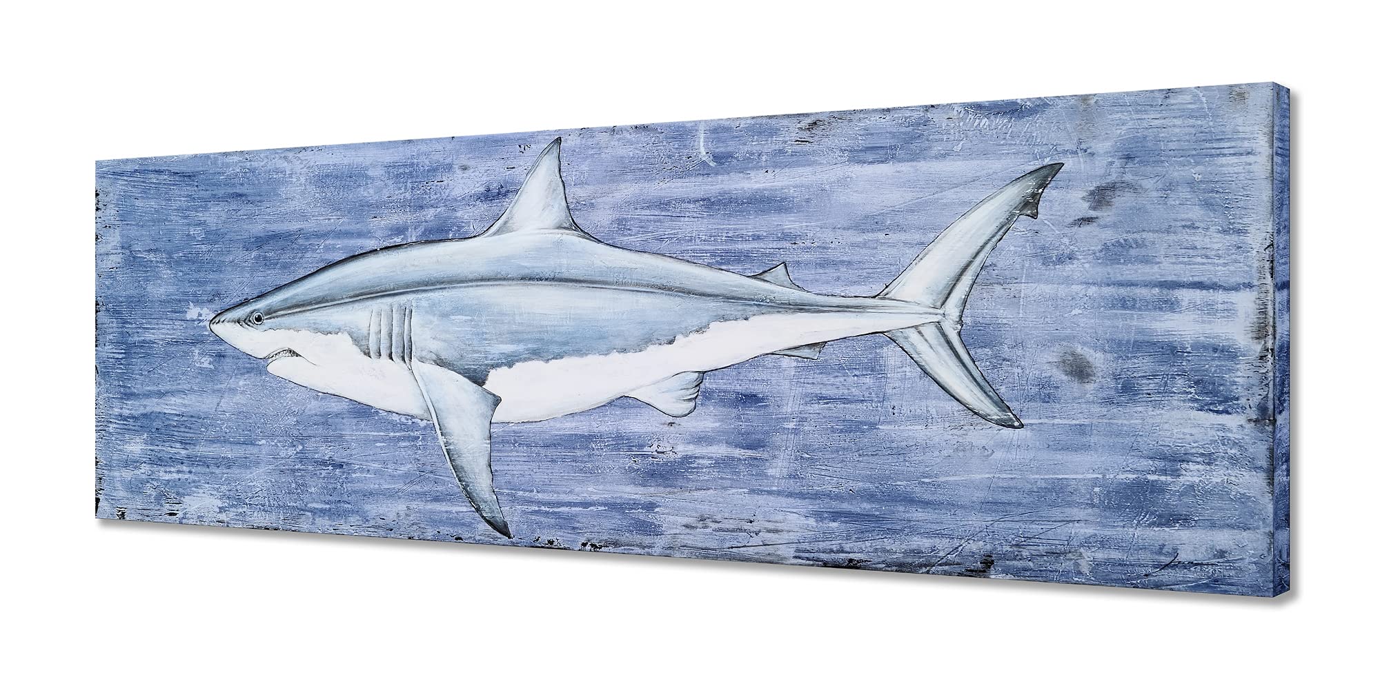 Hand Painted Coastal Canvas Wall Art - Modern Abstract Blue & White Fish & Shark Paintings - Textured Contemporary Ocean Themed Decor for Living Room, Bedroom, Bathroom - Perfect for Beach House, Office & Nautical Interior Design