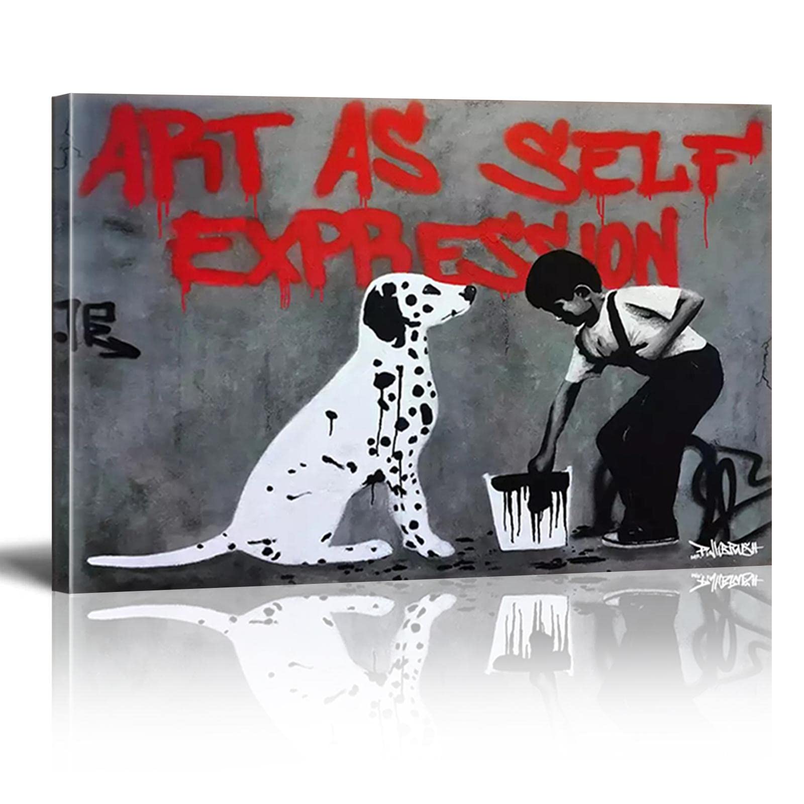 Banksy Graffiti Wall Art - Dog and Boy Canvas Painting Large Size (70x100cm/28×43 inch) Framed Picture Print for Home & Living Room Decor - Ready to Hang | Perfect for Modern Interior Design & Urban Art Lovers