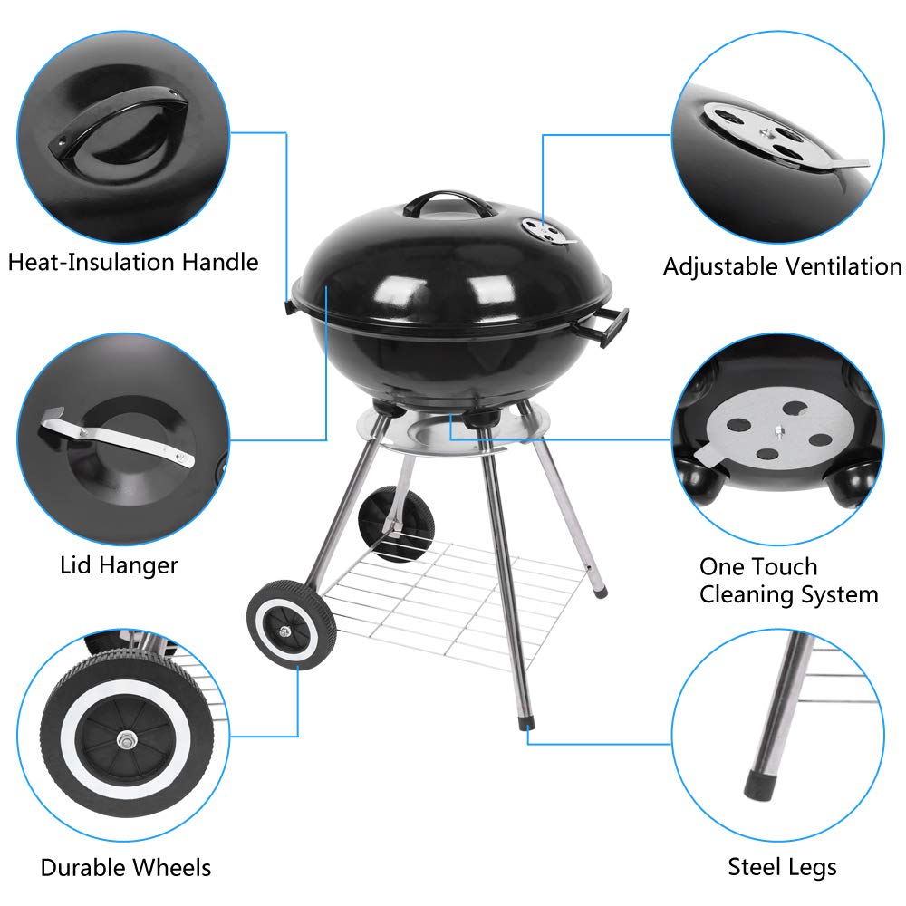 18 Inch Round Kettle Charcoal Grill - Portable Steel BBQ Oven with Wheels & Ash Catcher | Outdoor Backyard, Patio, Camping, Picnic & Party Barbecue Cooker | Perfect for Tailgating, Beach Cookouts and Family Gatherings