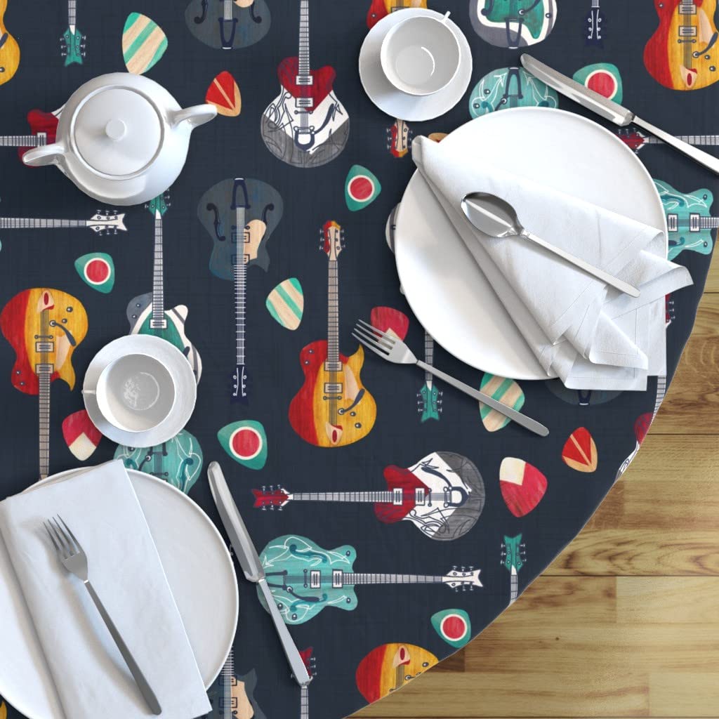 Vintage Rockabilly Rock Guitar Print Cotton Sateen Tablecloth - 70 Inch Round Custom Table Linens for Dining Room, Kitchen Decor & Party Events