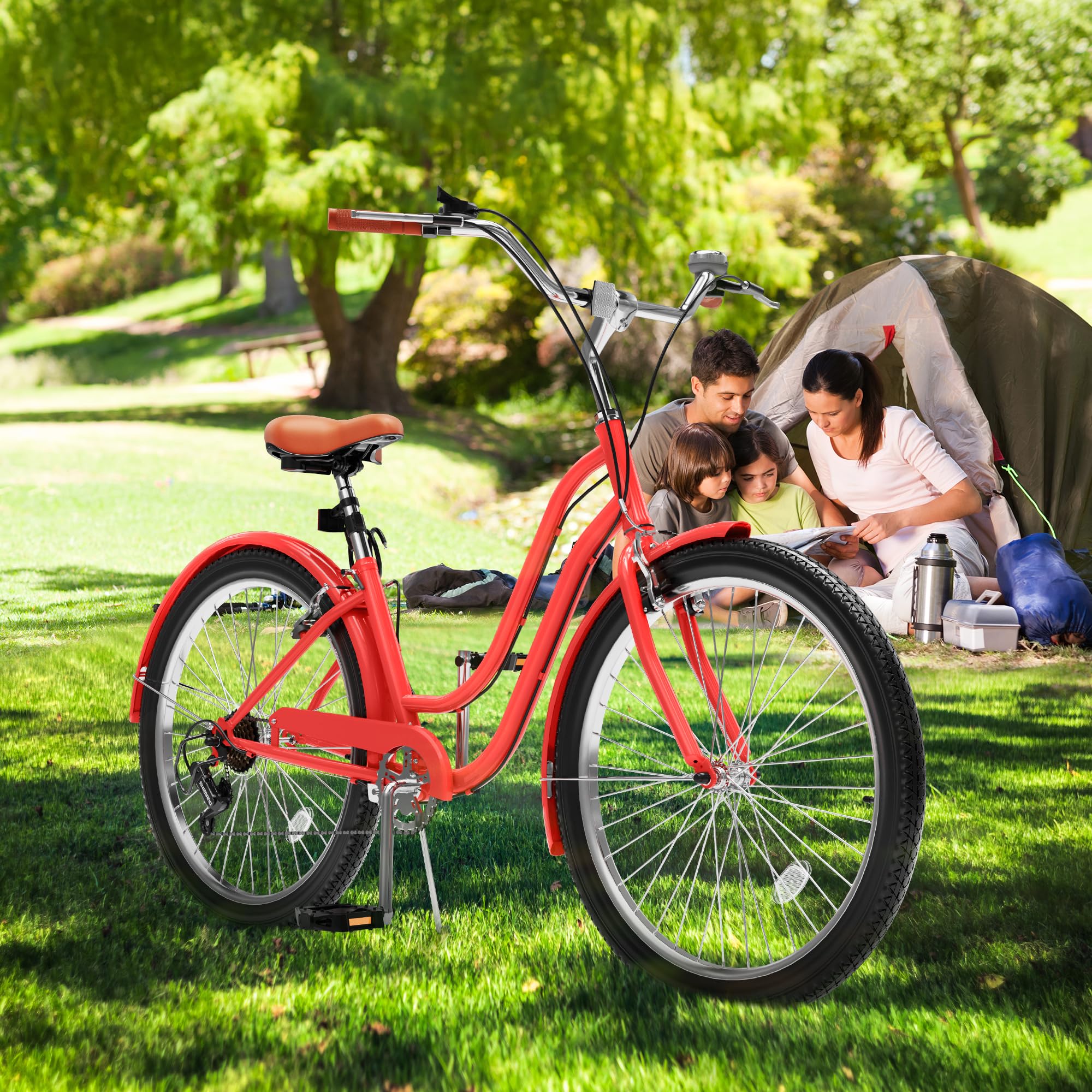 YITAHOME 24 & 26 Inch Beach Cruiser Bike for Adults - 7 Speed & Single Speed Commuter Bicycle with Step-Through Frame, Steel Construction & Full Fenders - Perfect for Beach Rides, City Commuting & Leisure Cycling