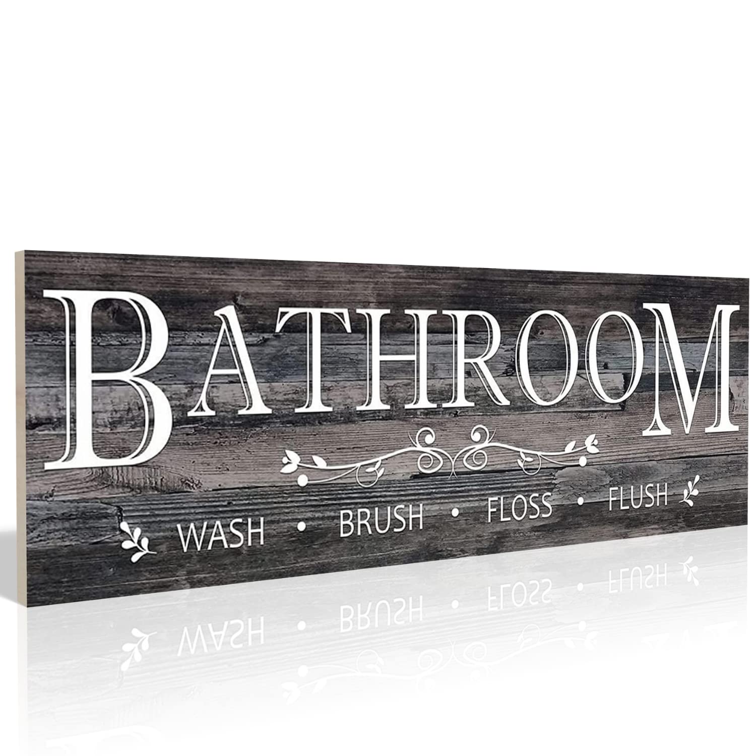 Funny Bathroom Sign - Rustic Solid Wood Wall Decor with 'Wash Brush Flush Floss' Quote - Farmhouse Style Home Decor for Bathroom, Restroom or Powder Room