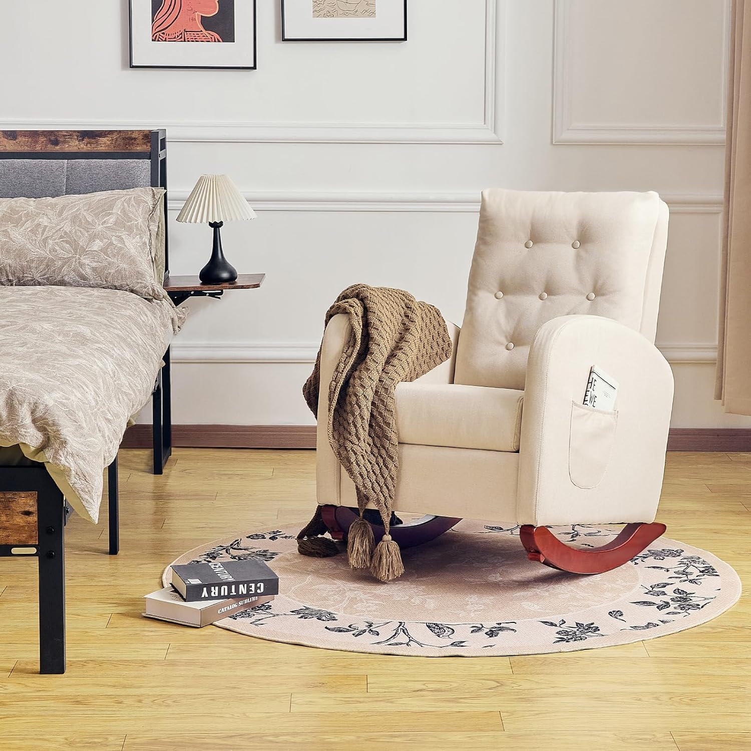 Redlife Nursery Rocking Chair - High Back Linen Upholstered Glider Rocker with Side Pocket for Living Room, Bedroom, Nursery - Comfortable Indoor Rocking Chair for Nursing, Reading & Relaxation (Beige)