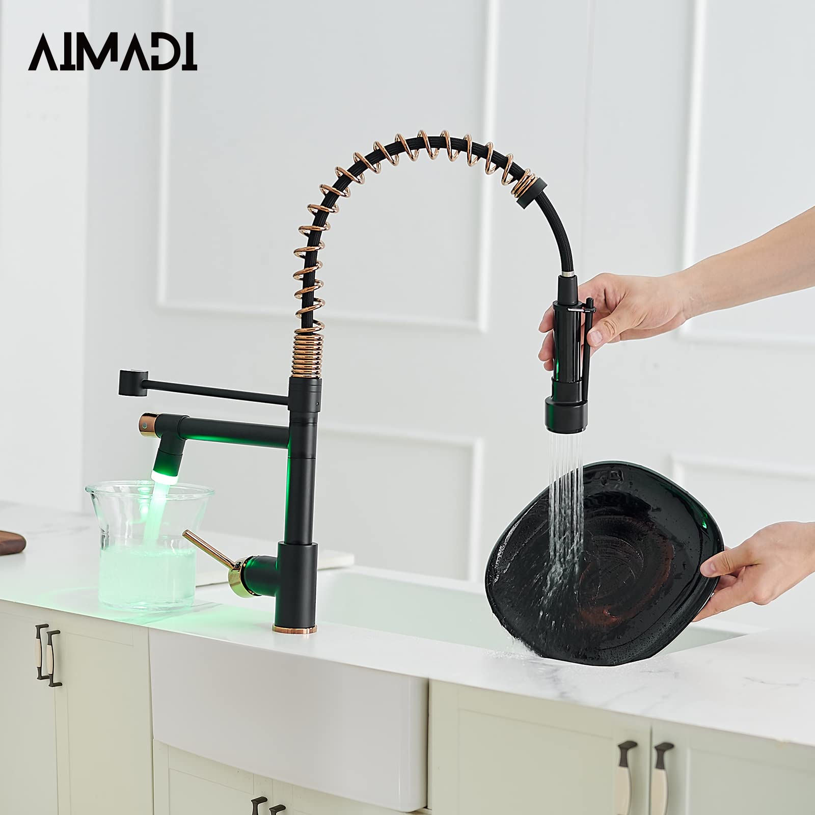 AIMADI Matte Black Commercial Kitchen Faucet - Single Handle Pull Down Sprayer with Spring Rose Gold Accent | Perfect for Restaurants, Home Kitchens & Bar Sinks