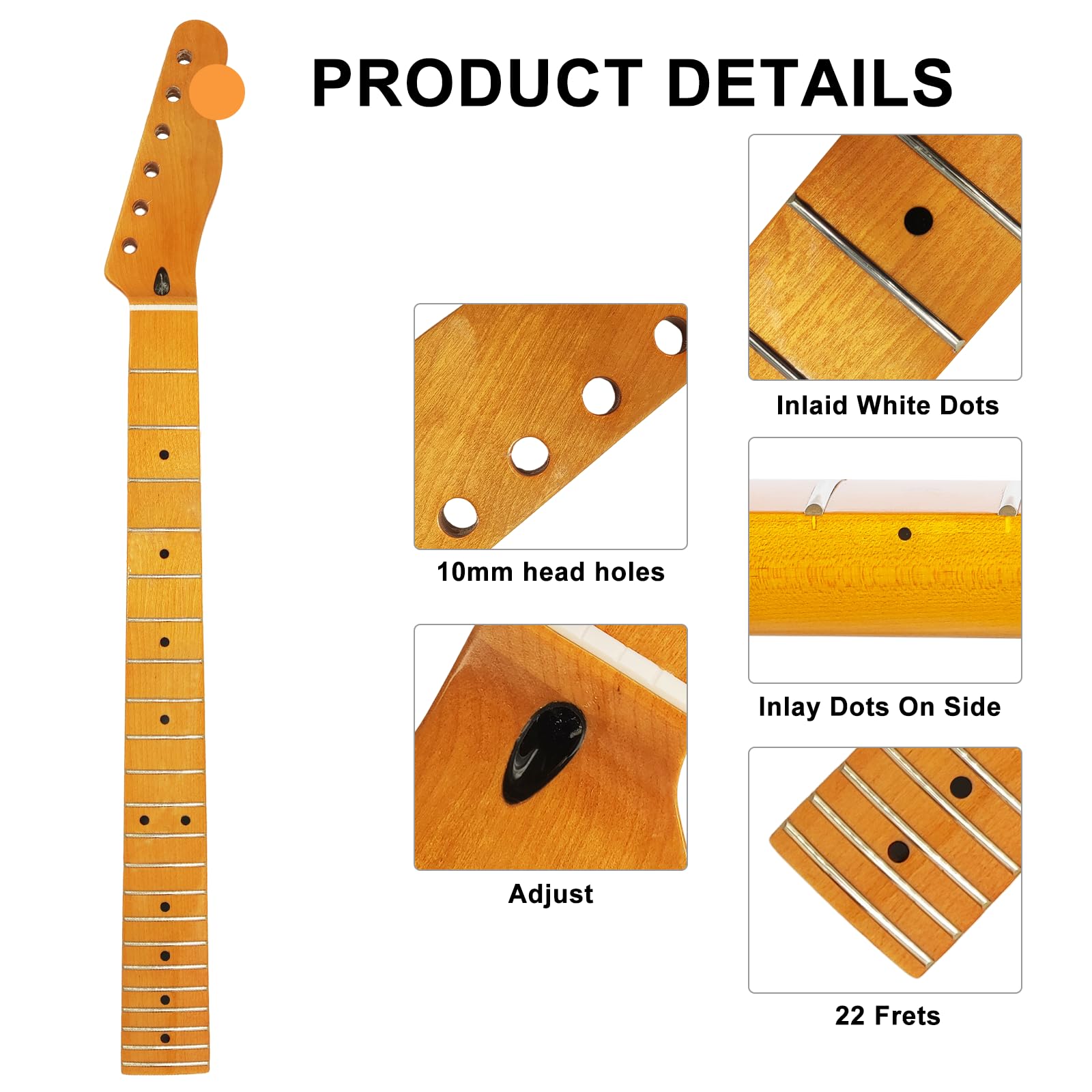 22 Fret TL Canadian Maple Electric Guitar Neck - Bright Yellow Finish, 14